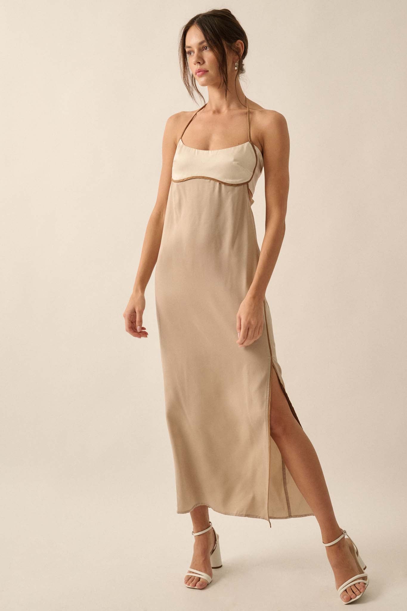 Simply Luxe Satin Piping-Trim Halter Maxi Dress - ShopPromesa