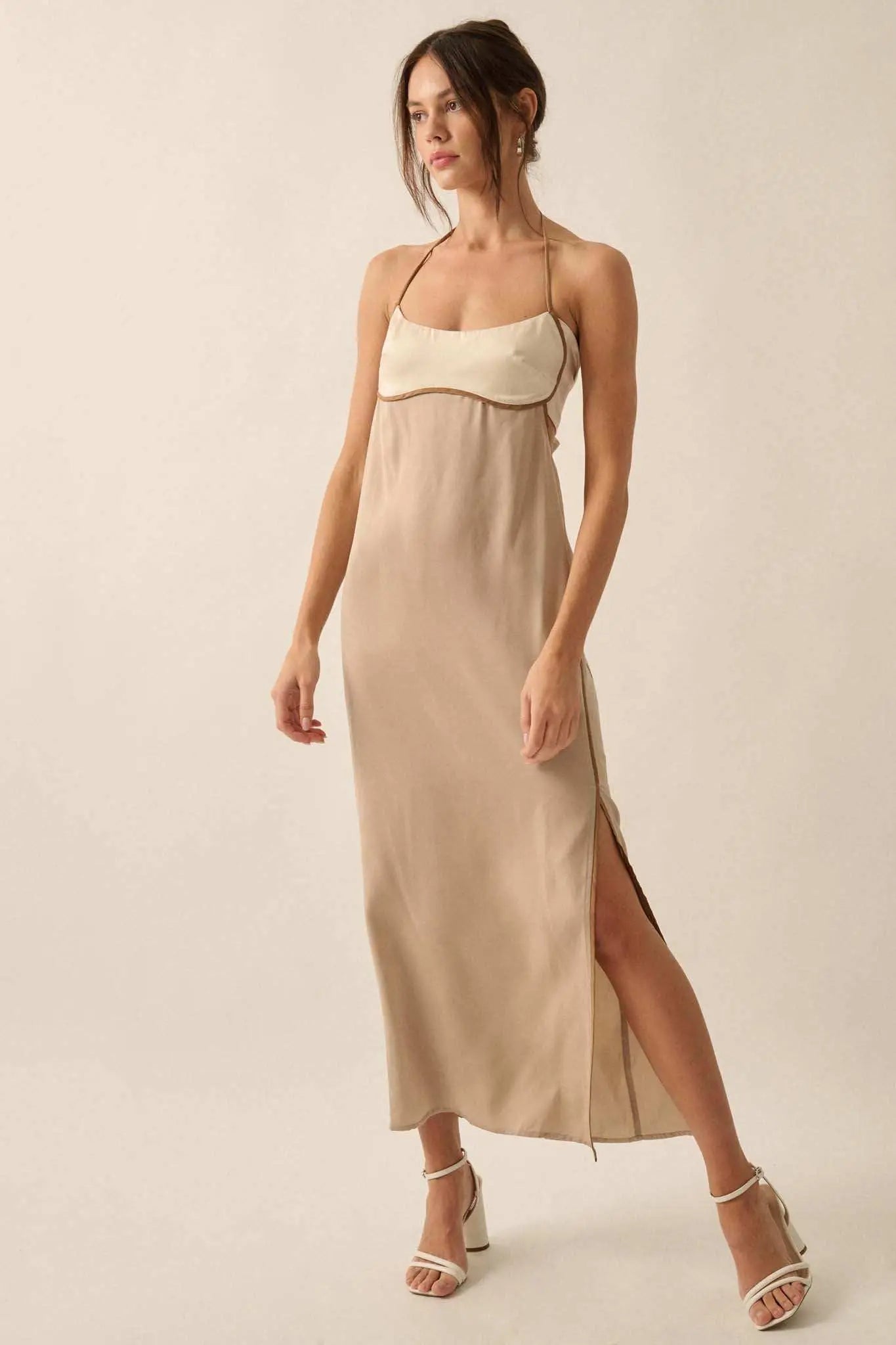 Simply Luxe Satin Piping-Trim Halter Maxi Dress Sand / L Simply Luxe Satin Piping-Trim Halter Maxi Dress Sand / L