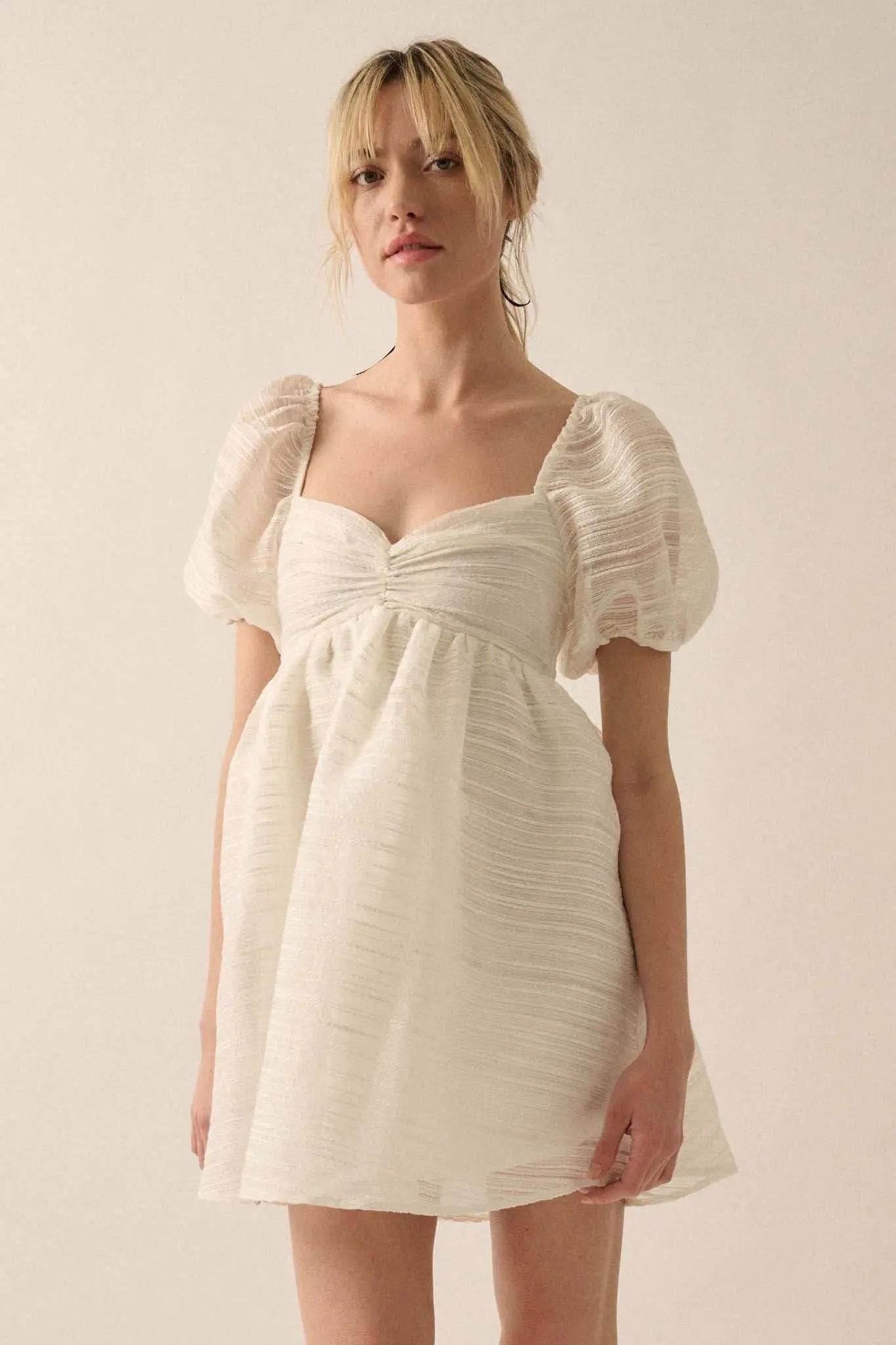 puff sleeve organza mini dress White Organza Puff Sleeve Mini Dress | Womens | Medium (Available in XXS, XS, S, L, XL) | 100% Polyester