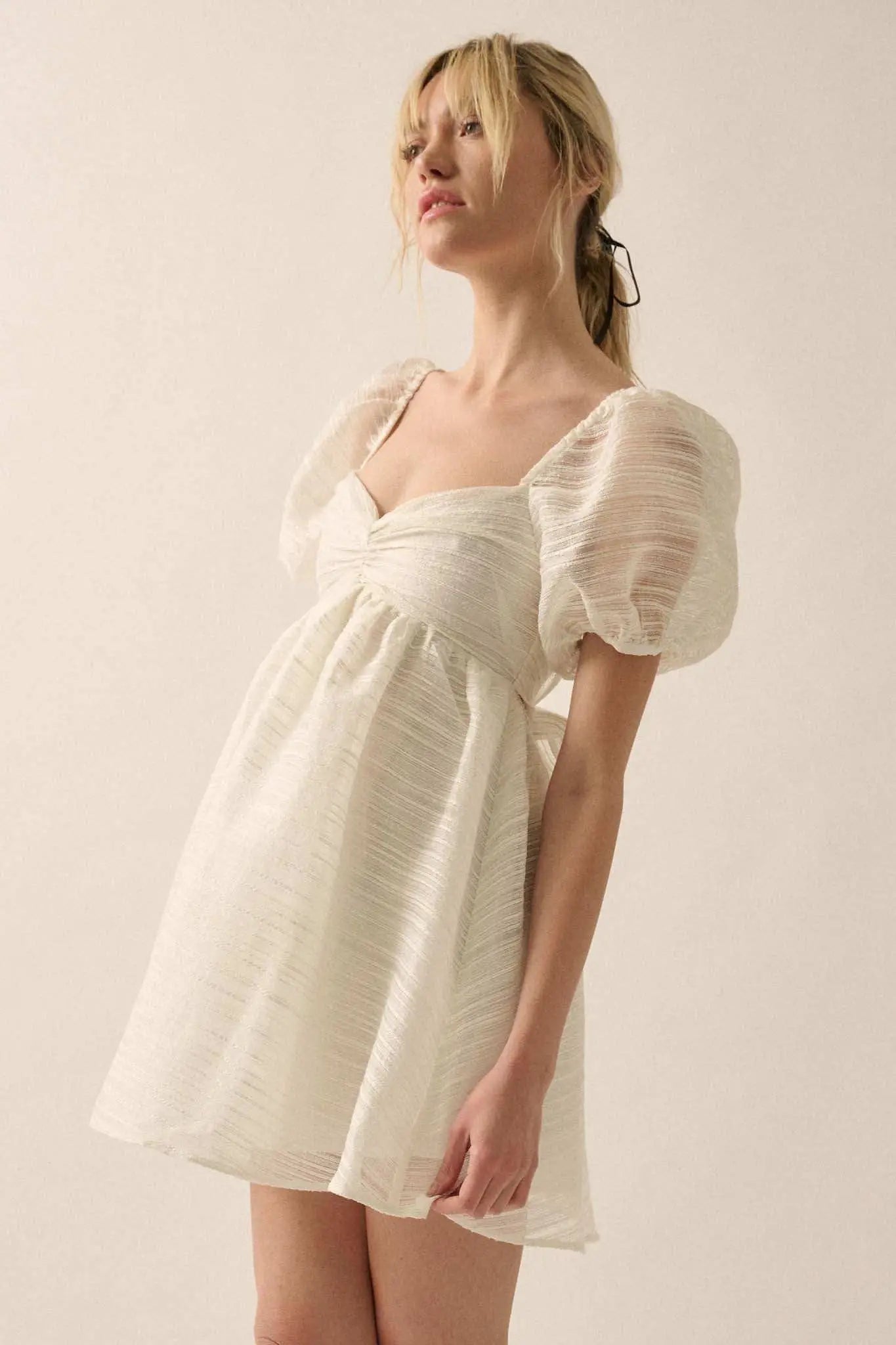 organza puff sleeve mini dress Puff Sleeve Beige Floral Dress L