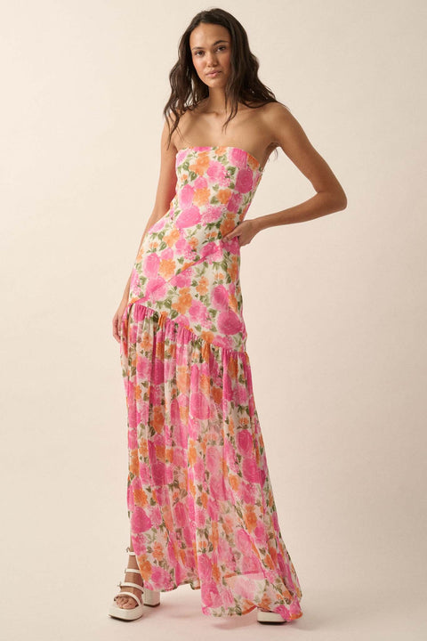 Bright Buds Strapless Floral Drop-Waist Maxi Dress - ShopPromesa