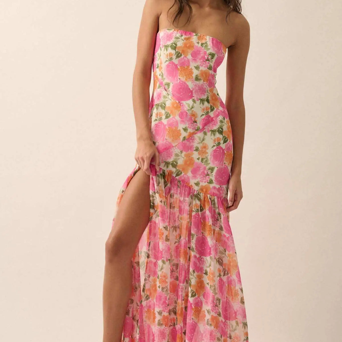 strapless open back dress Bright Buds Strapless Floral Drop-Waist Maxi Dress Off White & Pink / L