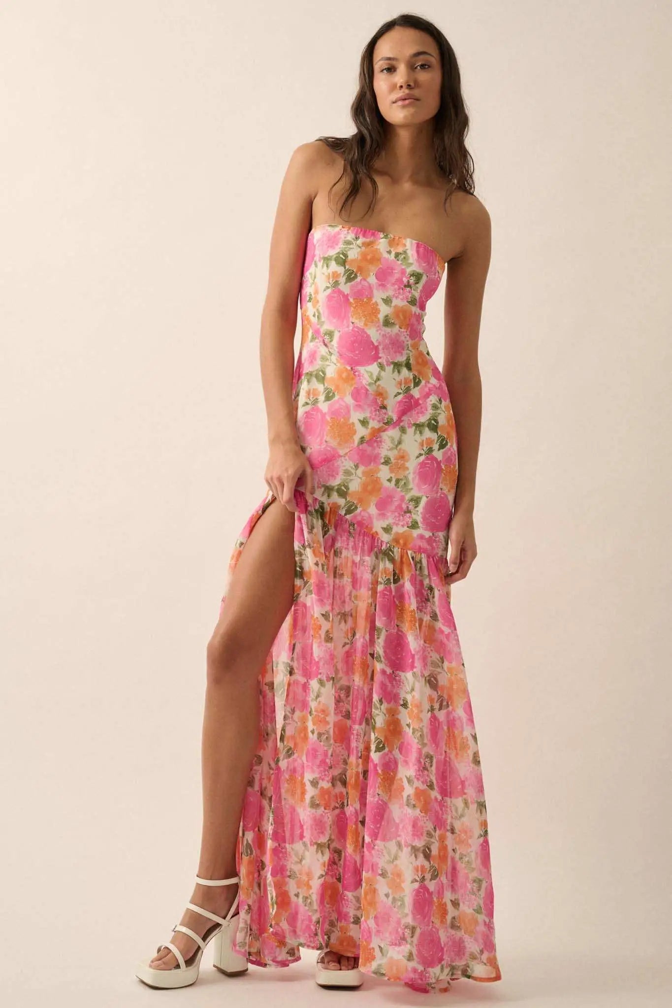 Bright Buds Strapless Floral Drop-Waist Maxi Dress Off White & Pink / L Bright Buds Strapless Floral Drop-Waist Maxi Dress Off White & Pink / L