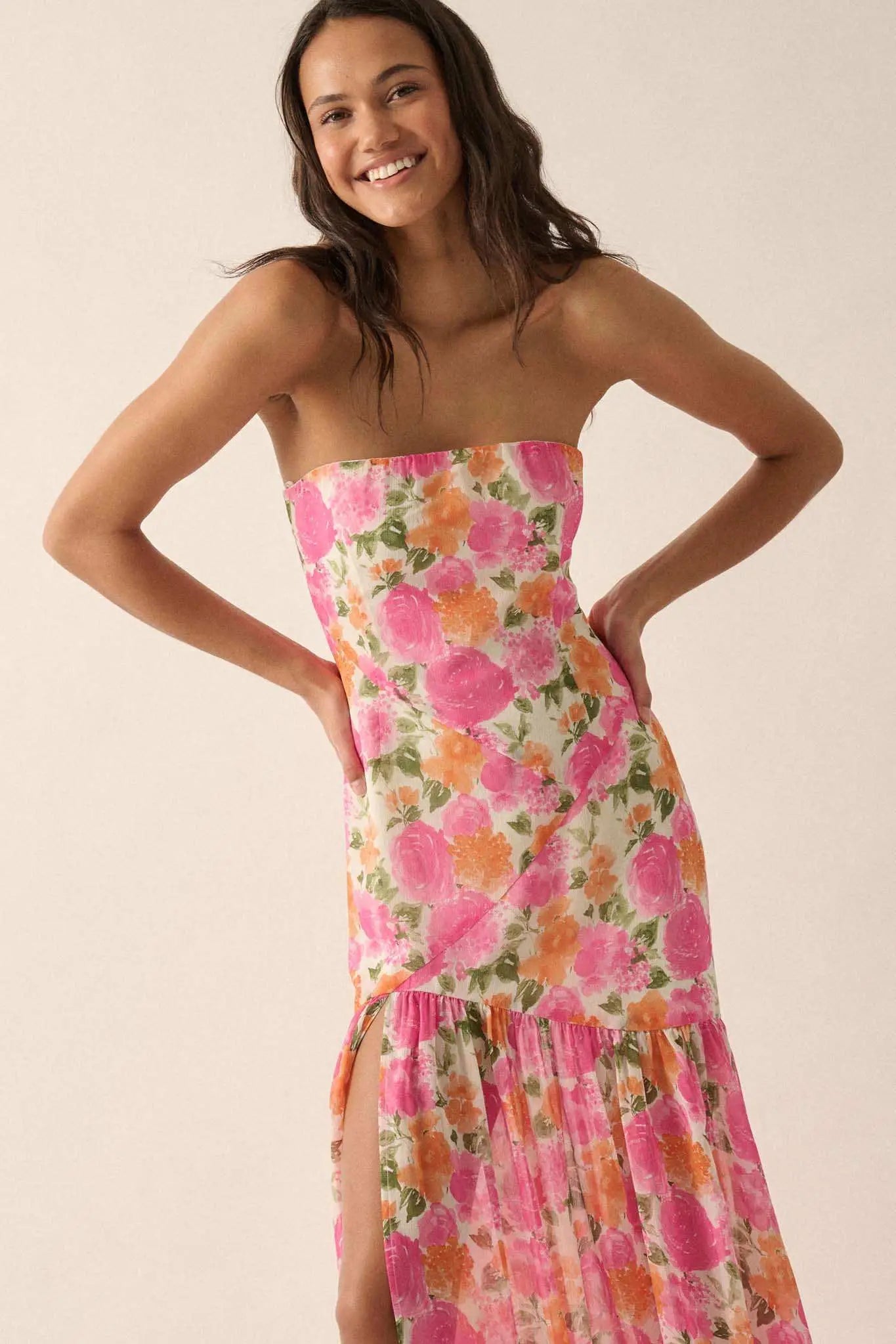 Bright Buds Strapless Floral Drop-Waist Maxi Dress Off White & Pink / L Bright Buds Strapless Floral Drop-Waist Maxi Dress Off White & Pink / L