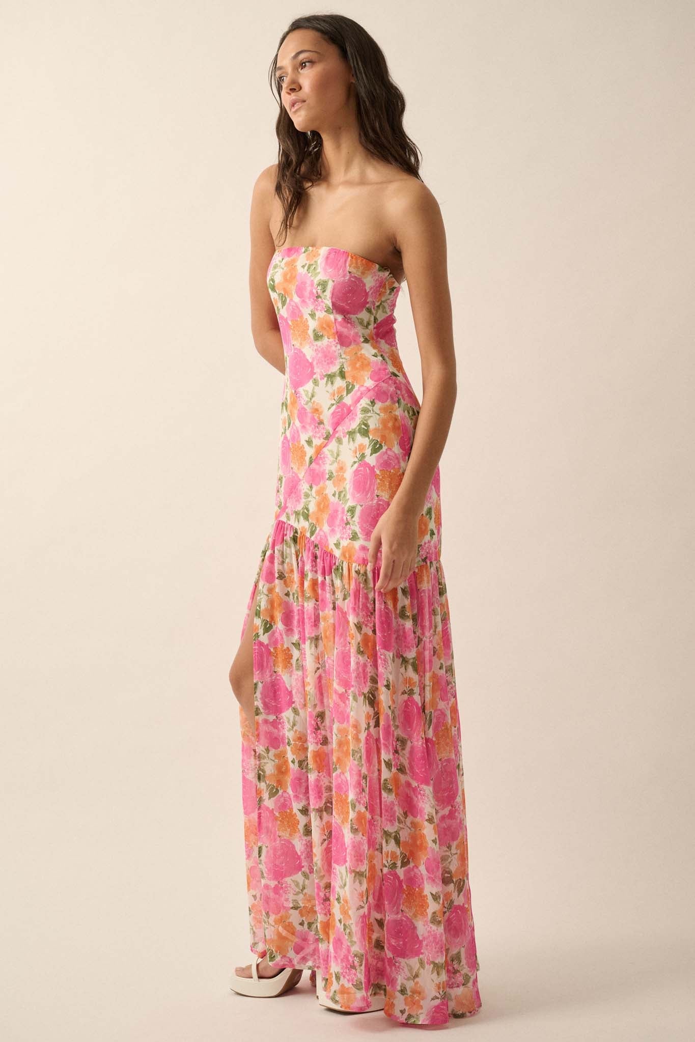 Bright Buds Strapless Floral Drop-Waist Maxi Dress - ShopPromesa