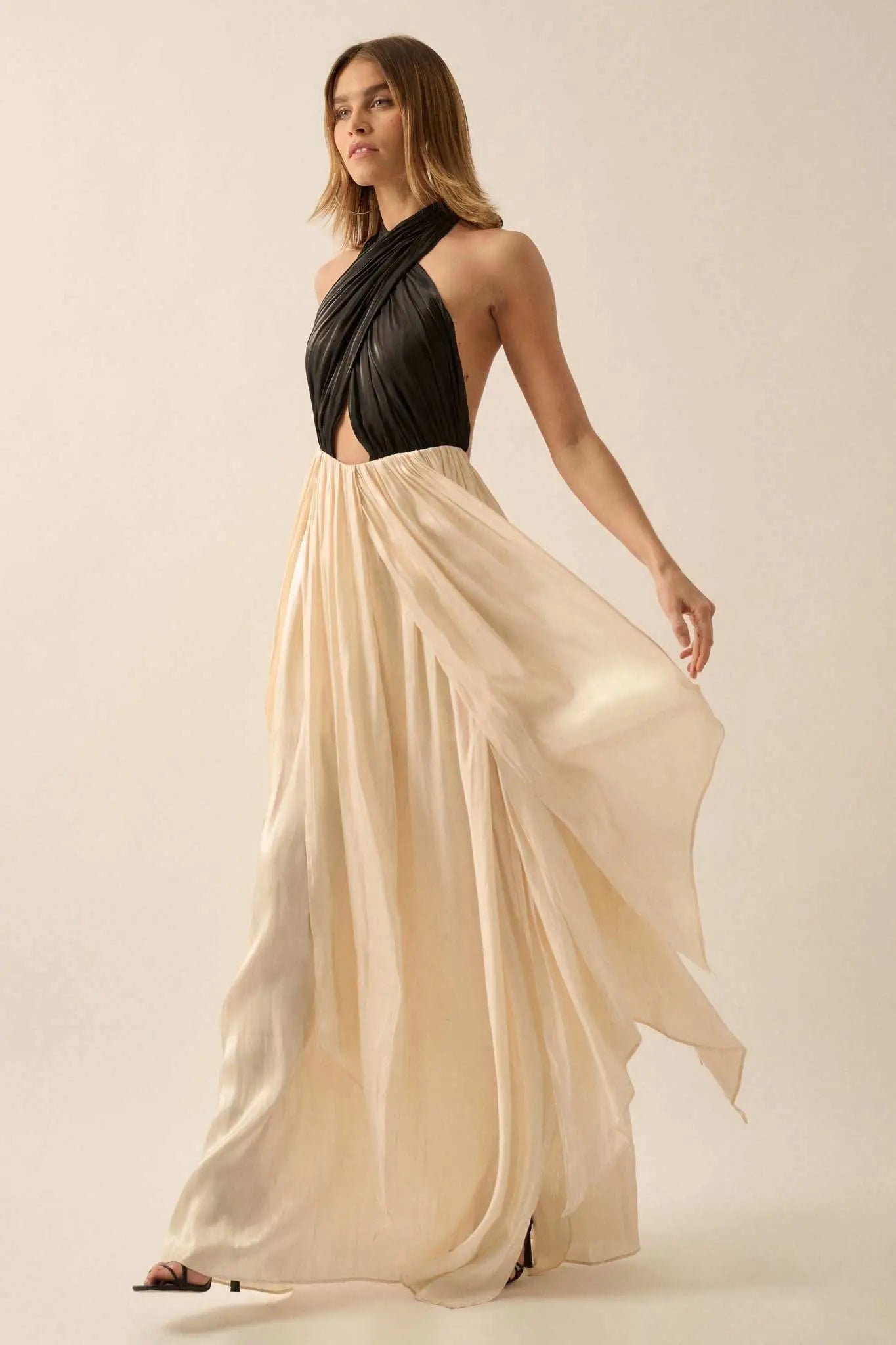 Breaking Waves Satin Cross-Front Halter Maxi Dress, Black / S Breaking Waves Satin Cross-Front Halter Maxi Dress, Black / S