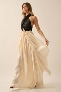 Breaking Waves Satin Cross-Front Halter Maxi Dress - ShopPromesa