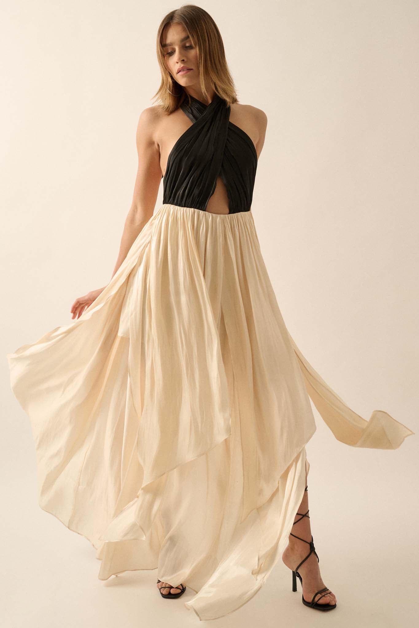 Breaking Waves Satin Cross-Front Halter Maxi Dress