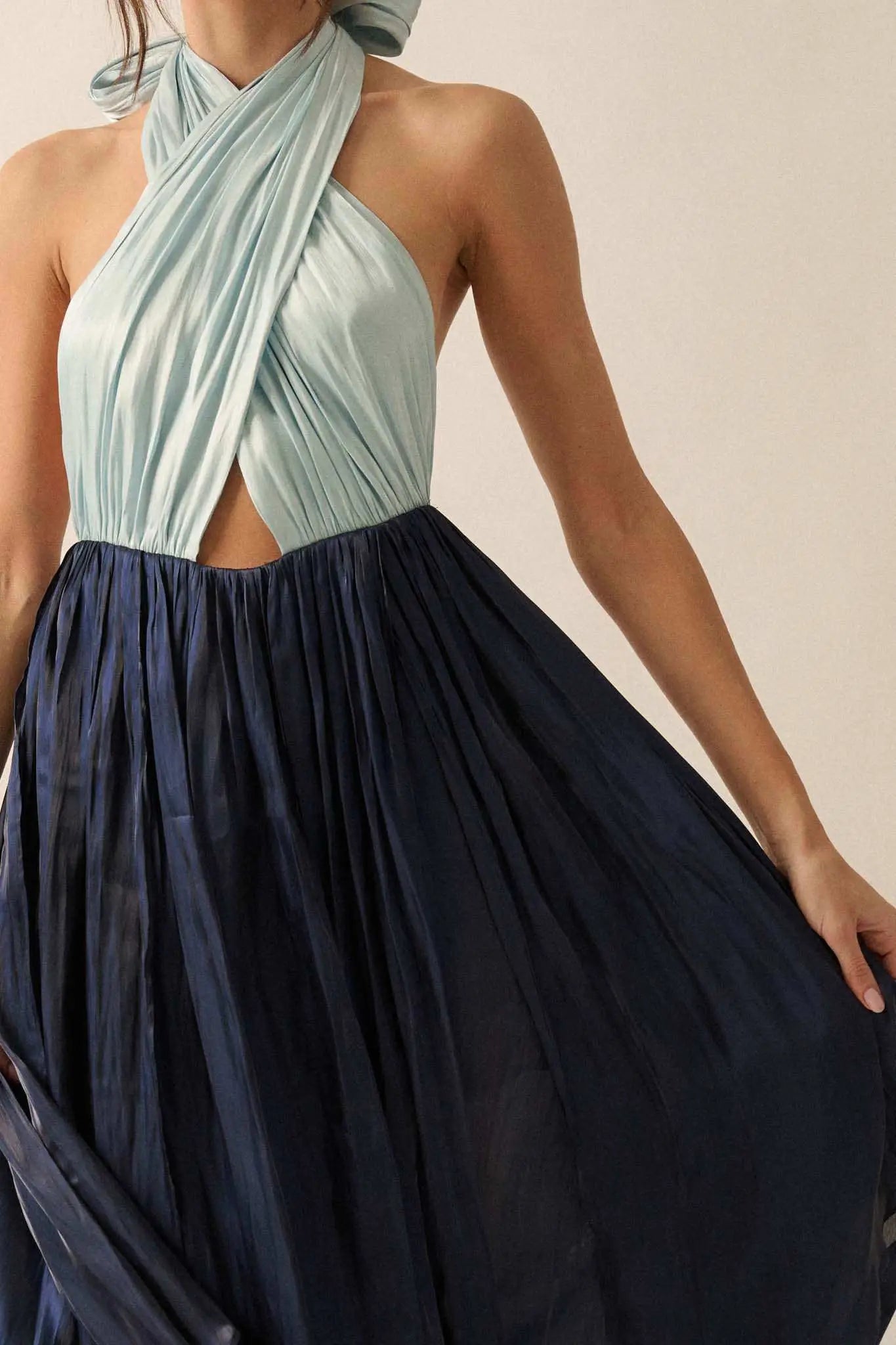 Breaking Waves Satin Cross-Front Halter Maxi Dress Black / S Breaking Waves Satin Cross-Front Halter Maxi Dress Black / S