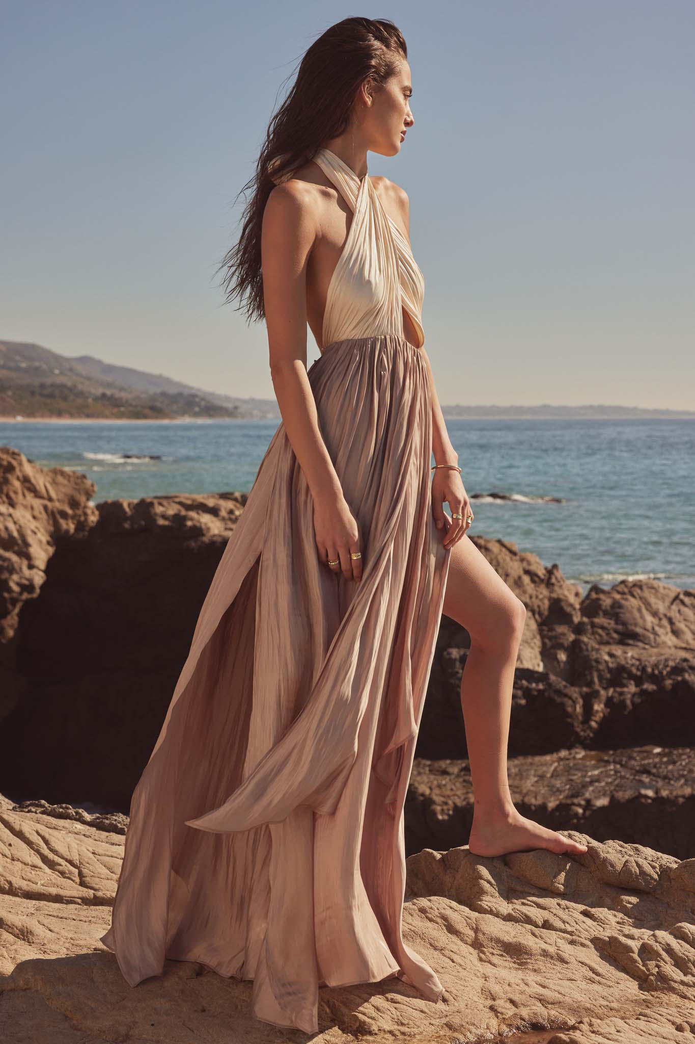 Breaking Waves Satin Cross-Front Halter Maxi Dress - ShopPromesa