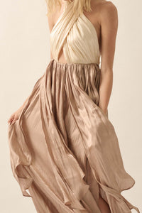 Breaking Waves Satin Cross-Front Halter Maxi Dress - ShopPromesa