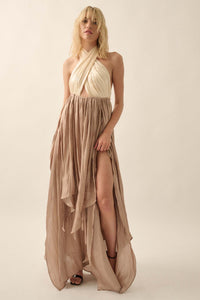 Breaking Waves Satin Cross-Front Halter Maxi Dress - ShopPromesa