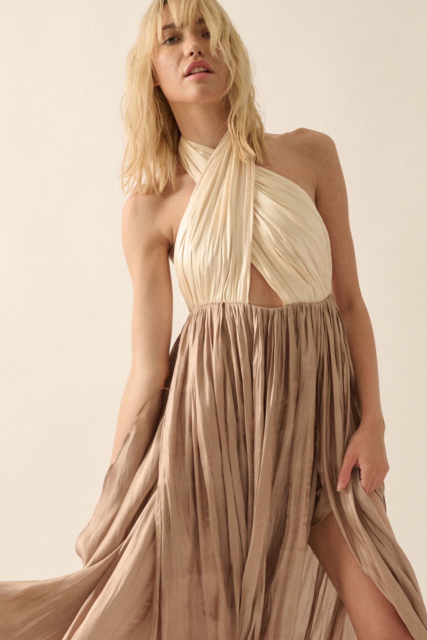 Breaking Waves Satin Cross-Front Halter Maxi Dress - ShopPromesa