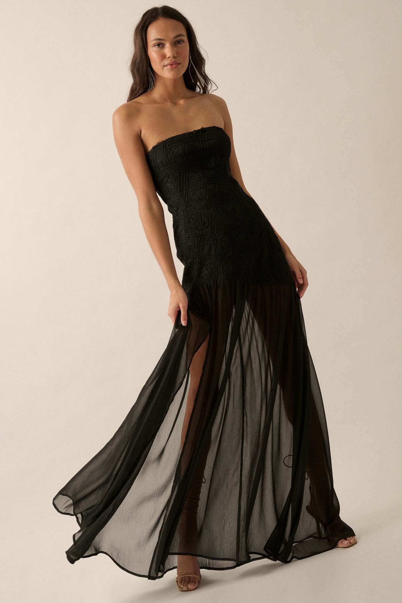 Sheer Fantasy Ribbon Lace Strapless Maxi Dress - ShopPromesa