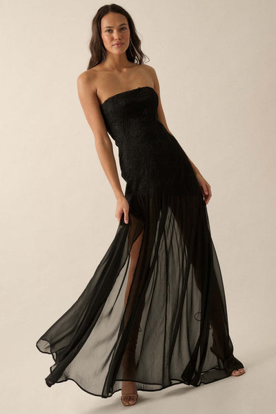 Sheer Fantasy Ribbon Lace Strapless Maxi Dress - ShopPromesa