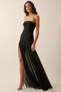 Sheer Fantasy Ribbon Lace Strapless Maxi Dress - ShopPromesa