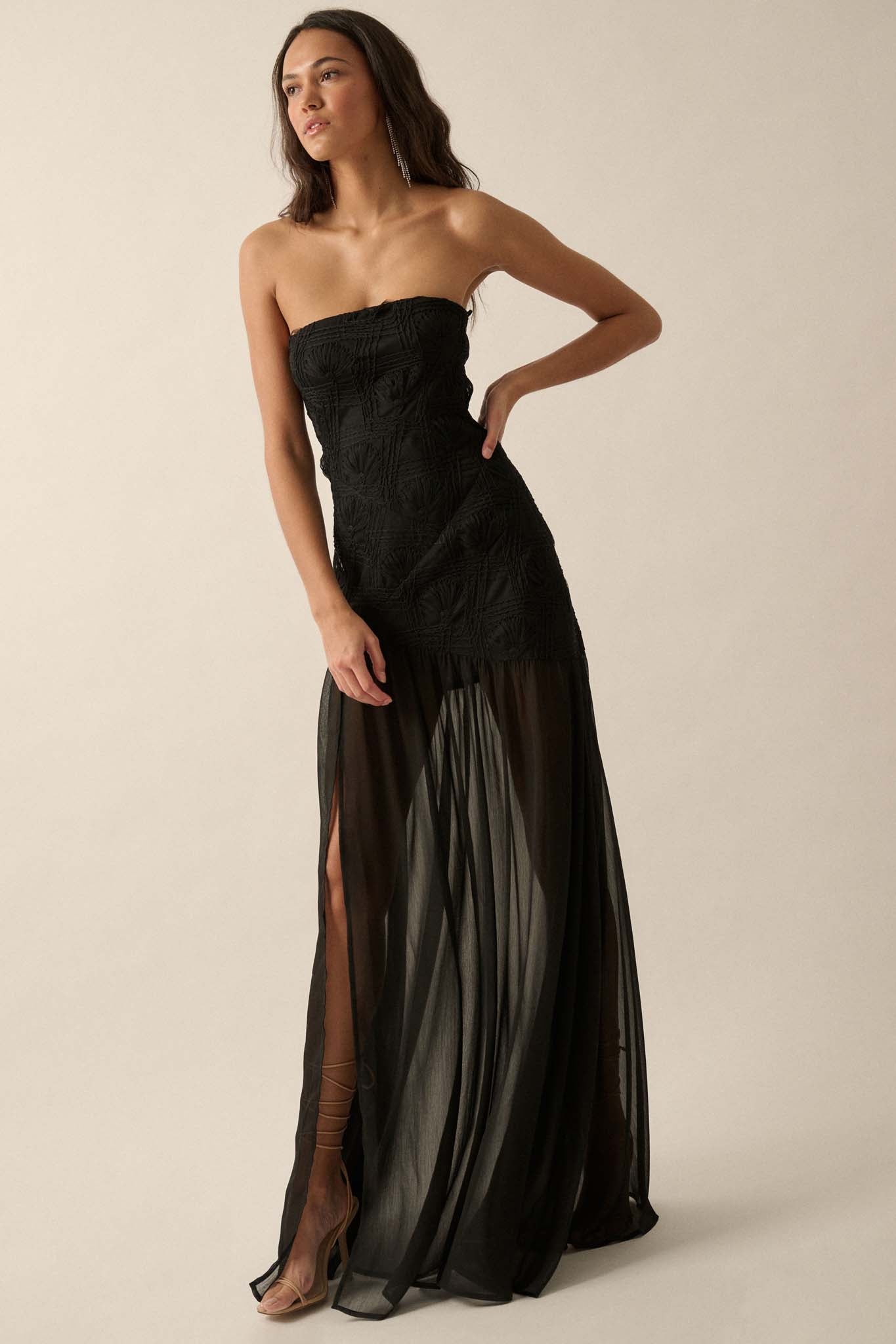 Sheer Fantasy Ribbon Lace Strapless Maxi Dress - ShopPromesa