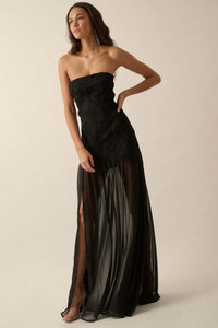 Sheer Fantasy Ribbon Lace Strapless Maxi Dress - ShopPromesa