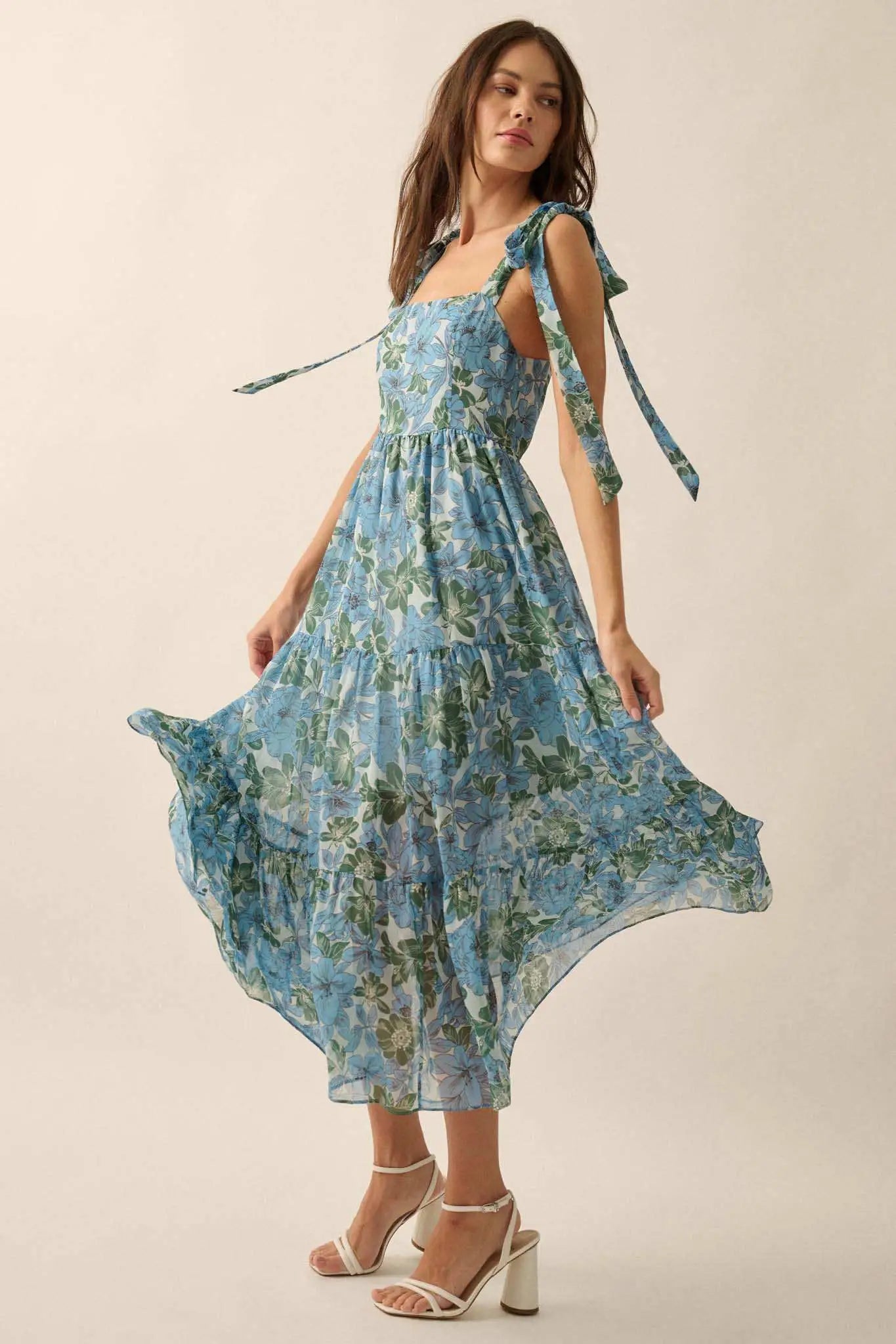 Borneo Bliss Floral Chiffon Tiered Ruffle Midi Dress Soft Pink & Apricot / S