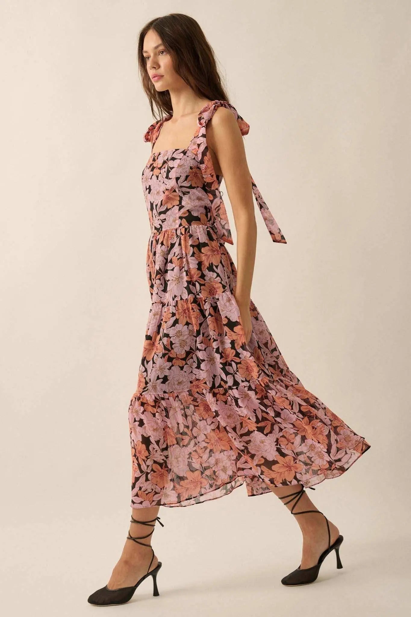 Borneo Bliss Floral Chiffon Tiered Ruffle Midi Dress Soft Pink & Apricot / S Borneo Bliss Floral Chiffon Tiered Ruffle Midi Dress Soft Pink & Apricot / S