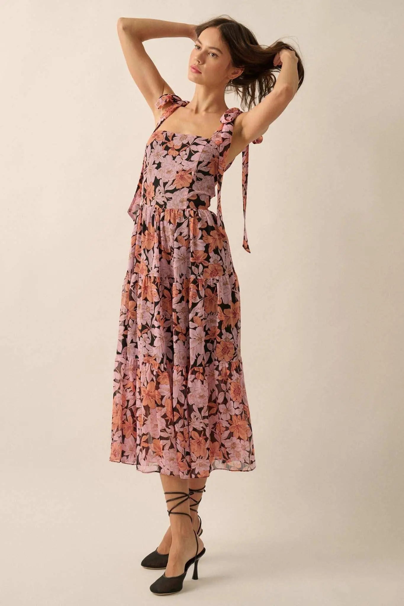 Borneo Bliss Floral Chiffon Tiered Ruffle Midi Dress, Soft Pink & Apricot / M Borneo Bliss Floral Chiffon Tiered Ruffle Midi Dress, Soft Pink & Apricot / M