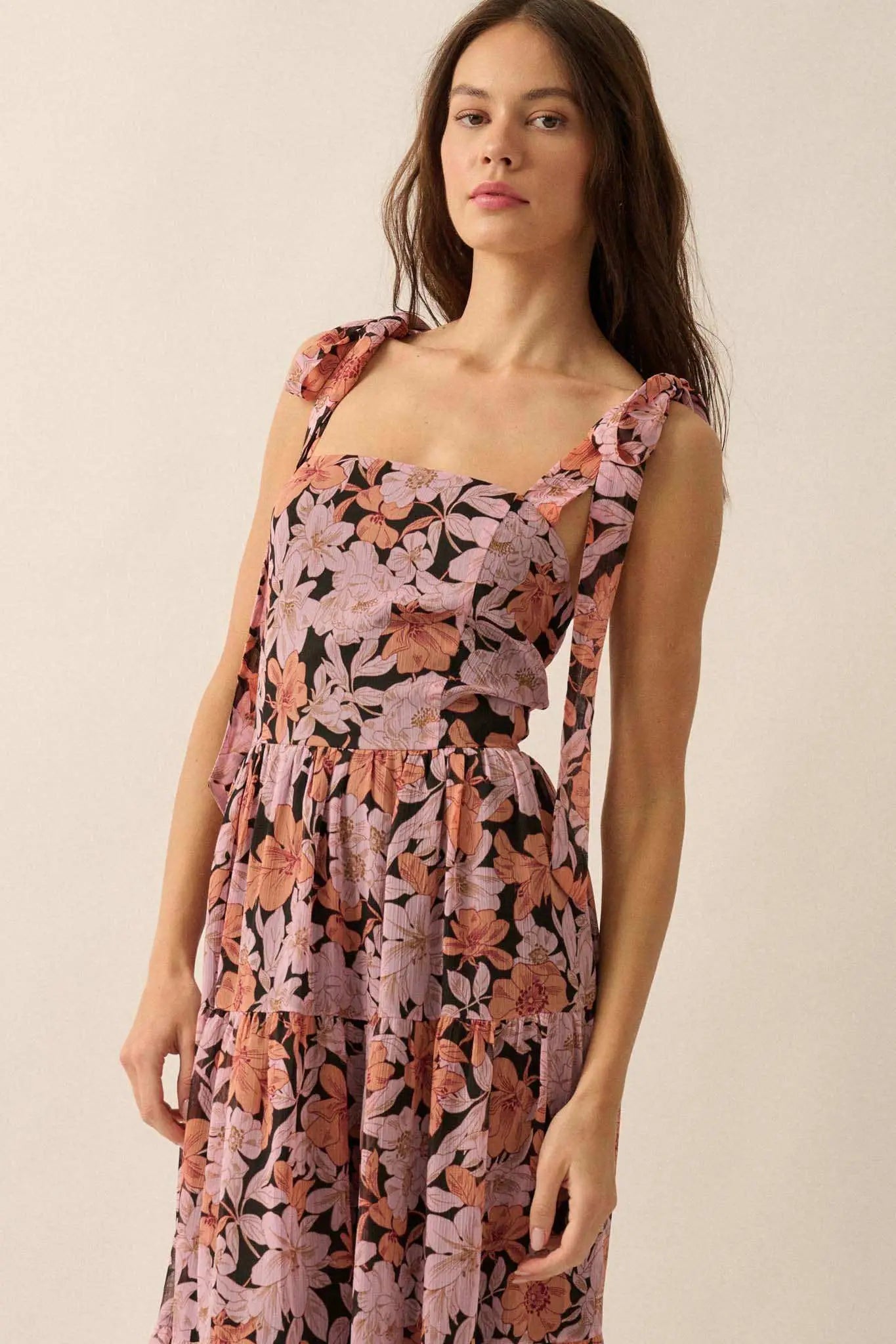Borneo Bliss Floral Chiffon Tiered Ruffle Midi Dress Soft Pink & Apricot / S Borneo Bliss Floral Chiffon Tiered Ruffle Midi Dress Soft Pink & Apricot / S