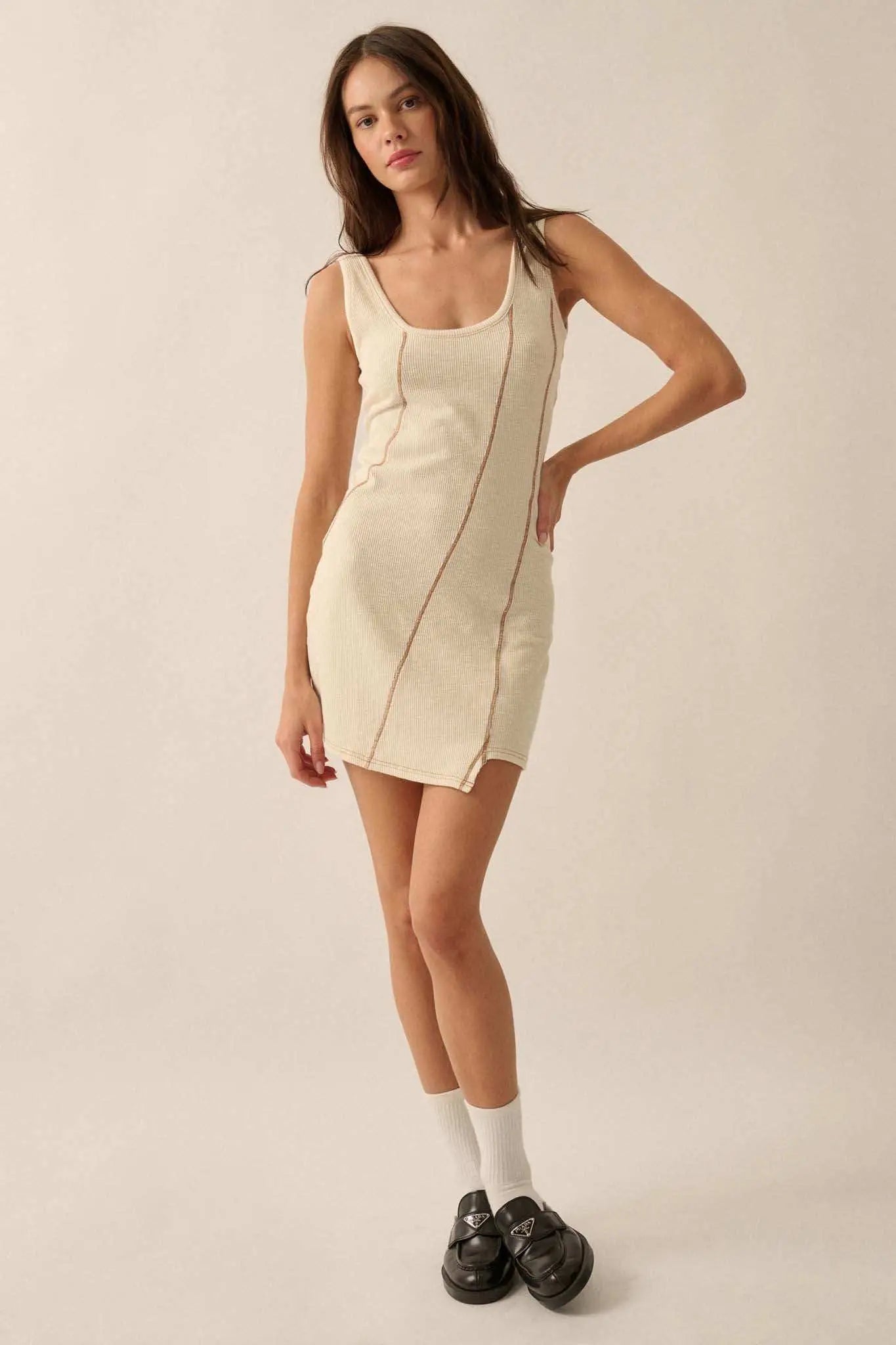 Sew What Exposed-Seam Rib-Knit Tank Mini Dress, Cream / L Sew What Exposed-Seam Rib-Knit Tank Mini Dress, Cream / L