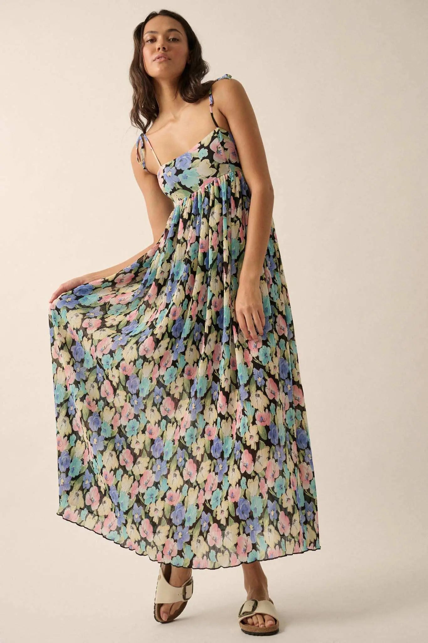 pleated floral maxi dress Women's Pleated Petal Maxi Dress, Green