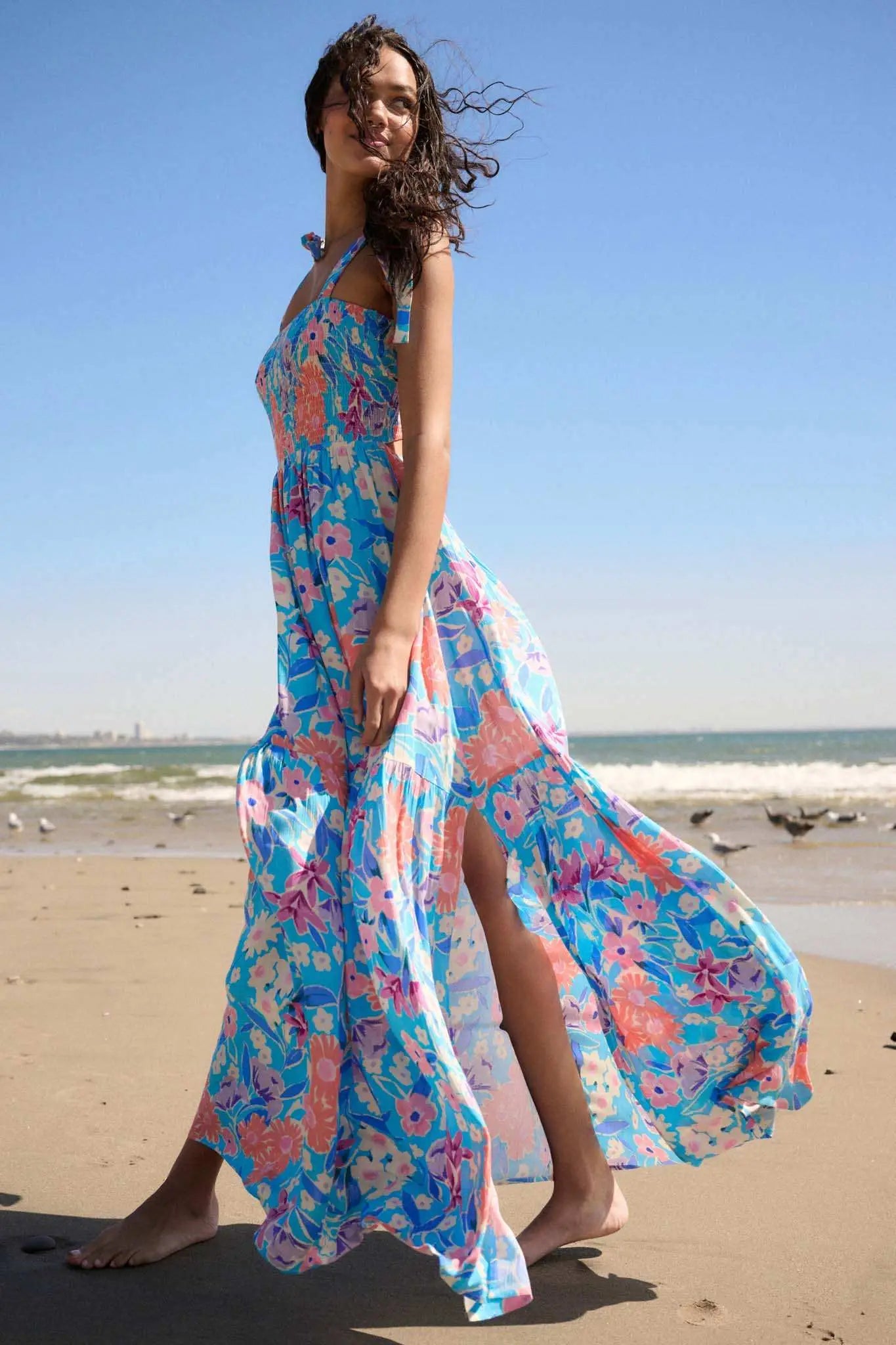 There She Grows Smocked Floral Crepe Maxi Dress French Blue / S There She Grows Smocked Floral Crepe Maxi Dress French Blue / S