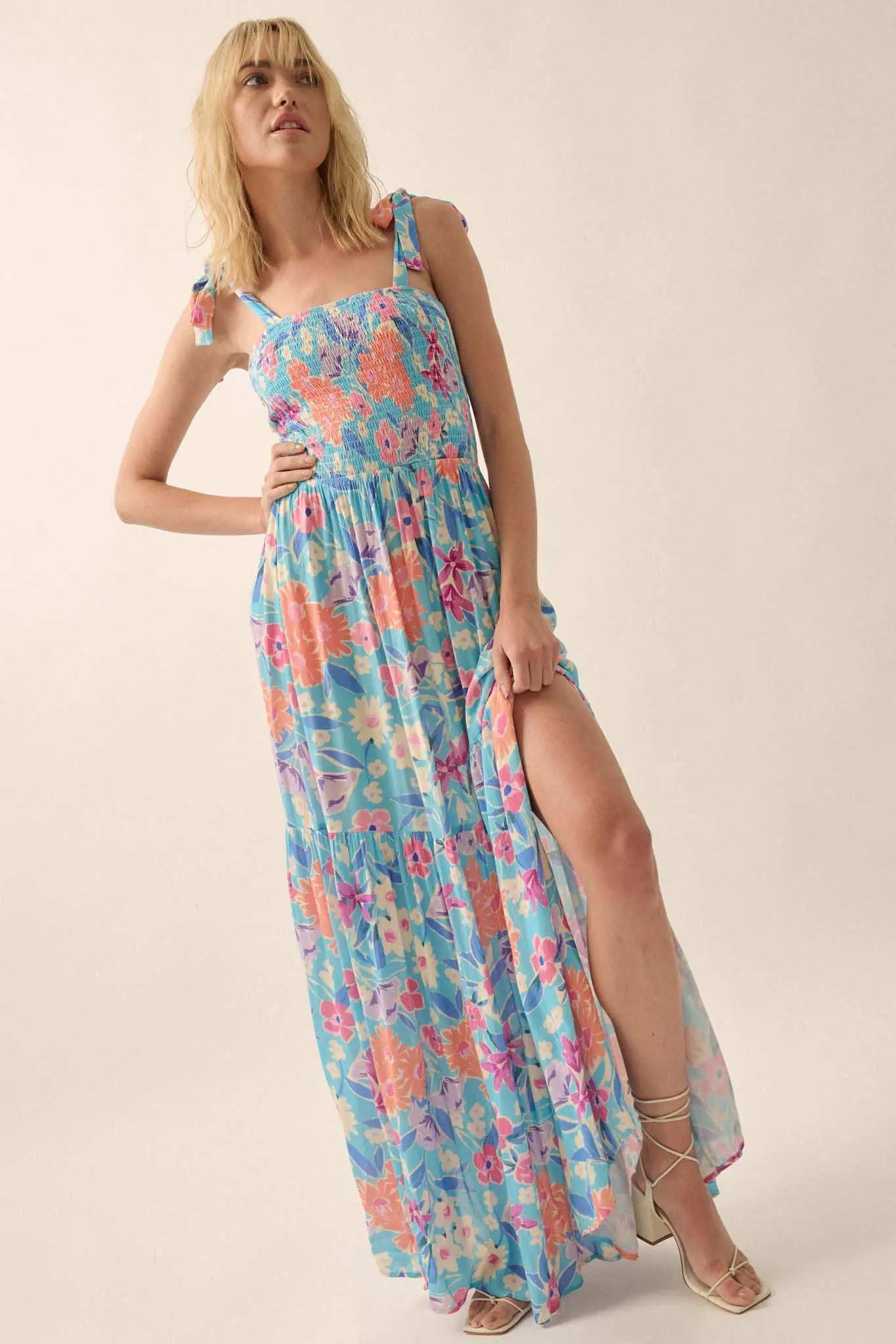 There She Grows Smocked Floral Crepe Maxi Dress French Blue / S There She Grows Smocked Floral Crepe Maxi Dress French Blue / S