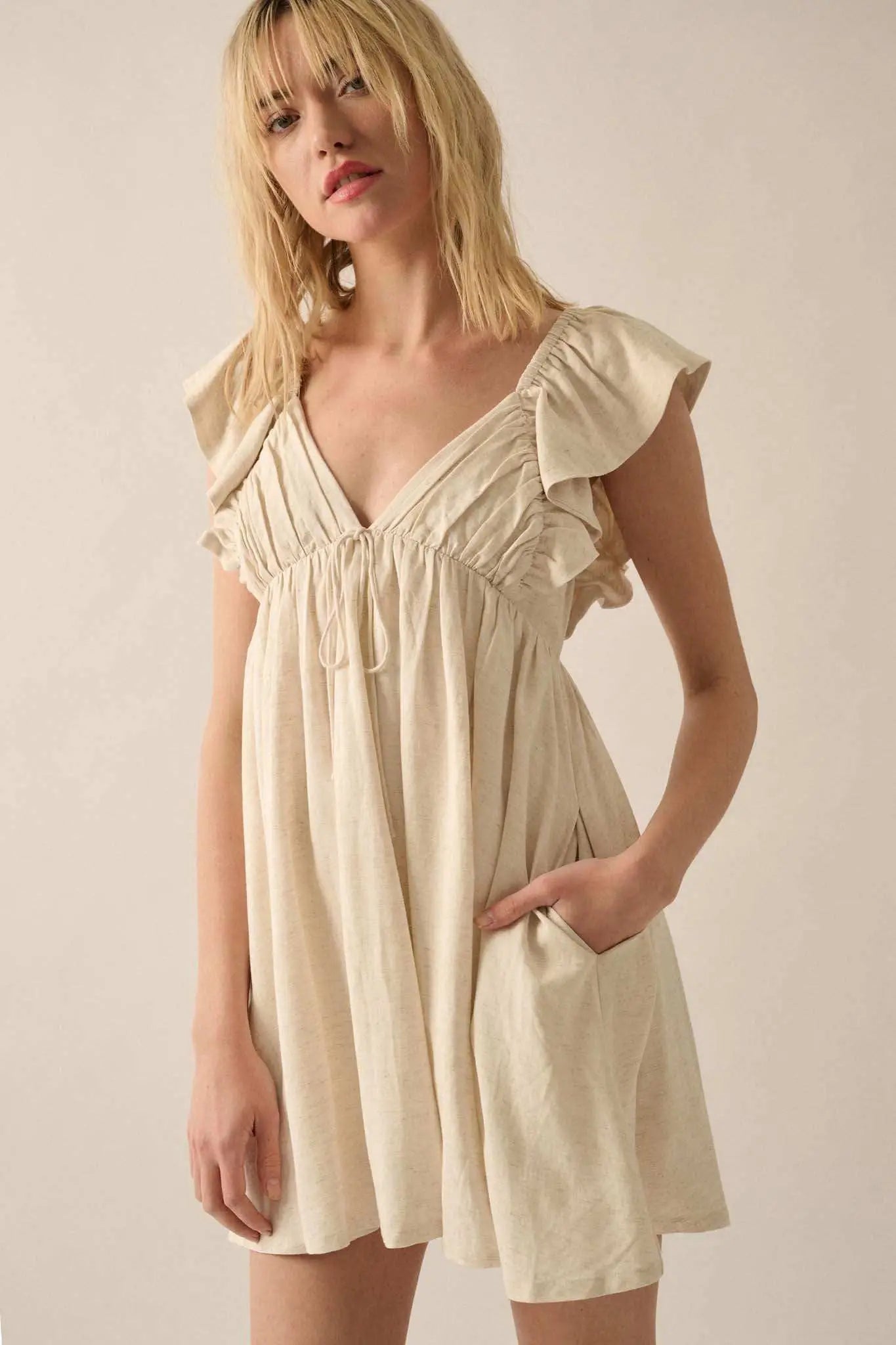 By Nature Ruffled Linen-Blend Babydoll Mini Dress, Oatmeal / M By Nature Ruffled Linen-Blend Babydoll Mini Dress, Oatmeal / M