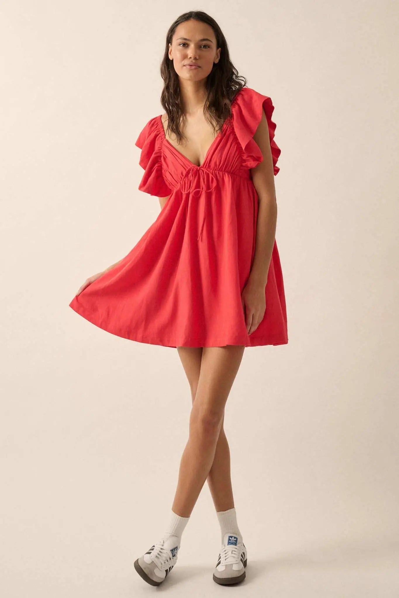 By Nature Ruffled Linen-Blend Babydoll Mini Dress Oatmeal / L By Nature Ruffled Linen-Blend Babydoll Mini Dress Oatmeal / L