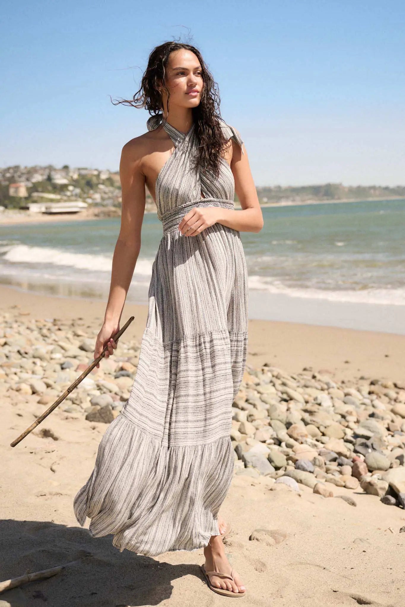 Soul Journey Striped Cross-Front Halter Maxi Dress Natural / S Soul Journey Striped Cross-Front Halter Maxi Dress Natural / S