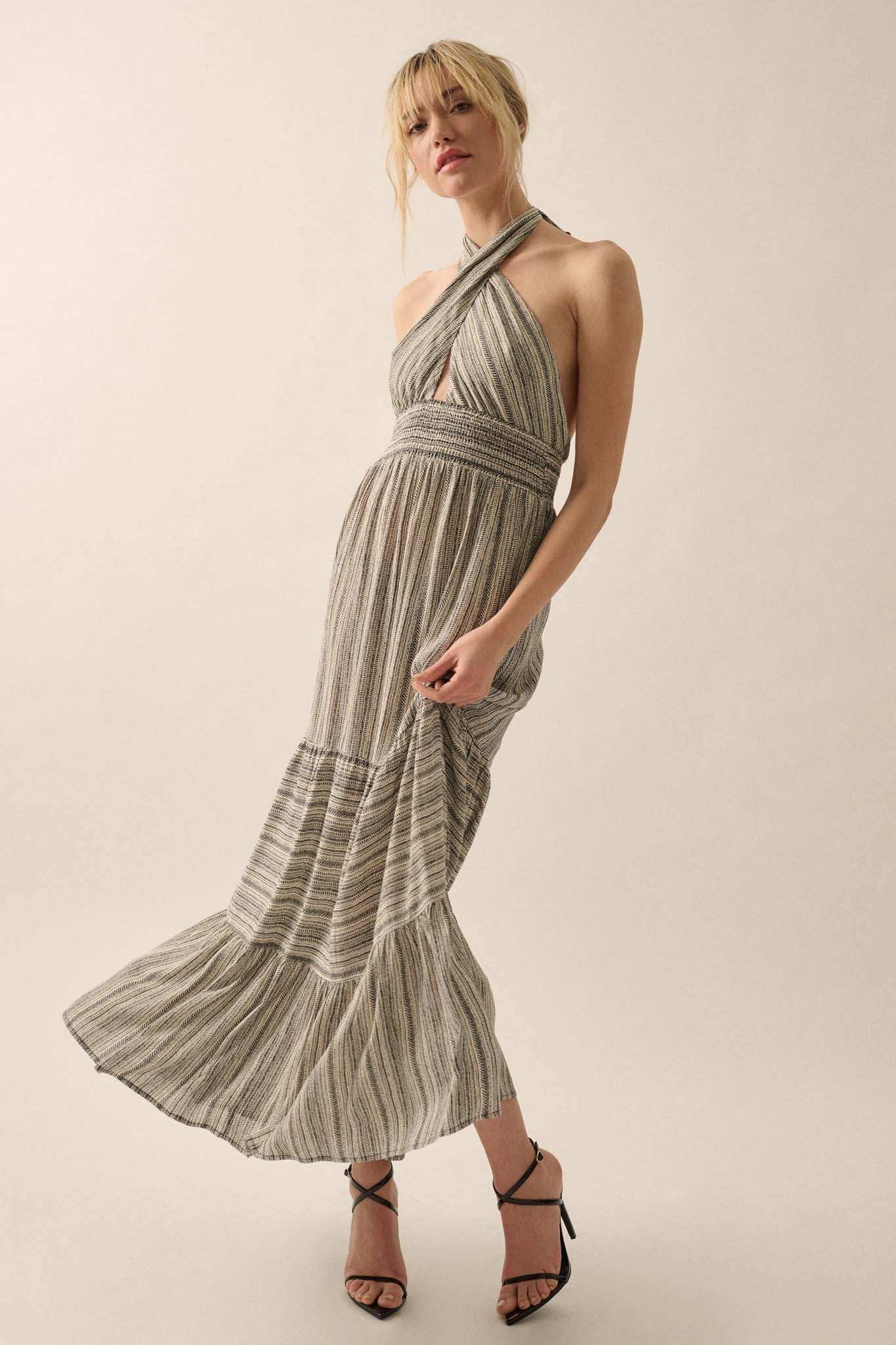 Soul Journey Striped Cross-Front Halter Maxi Dress Natural / S Soul Journey Striped Cross-Front Halter Maxi Dress Natural / S