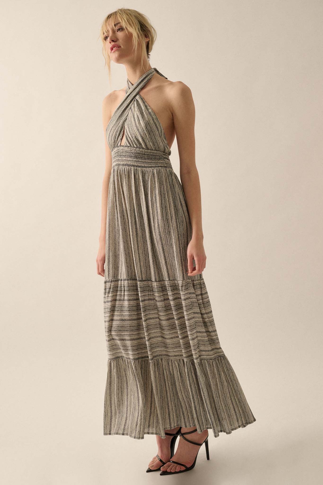 Soul Journey Striped Cross-Front Halter Maxi Dress - ShopPromesa