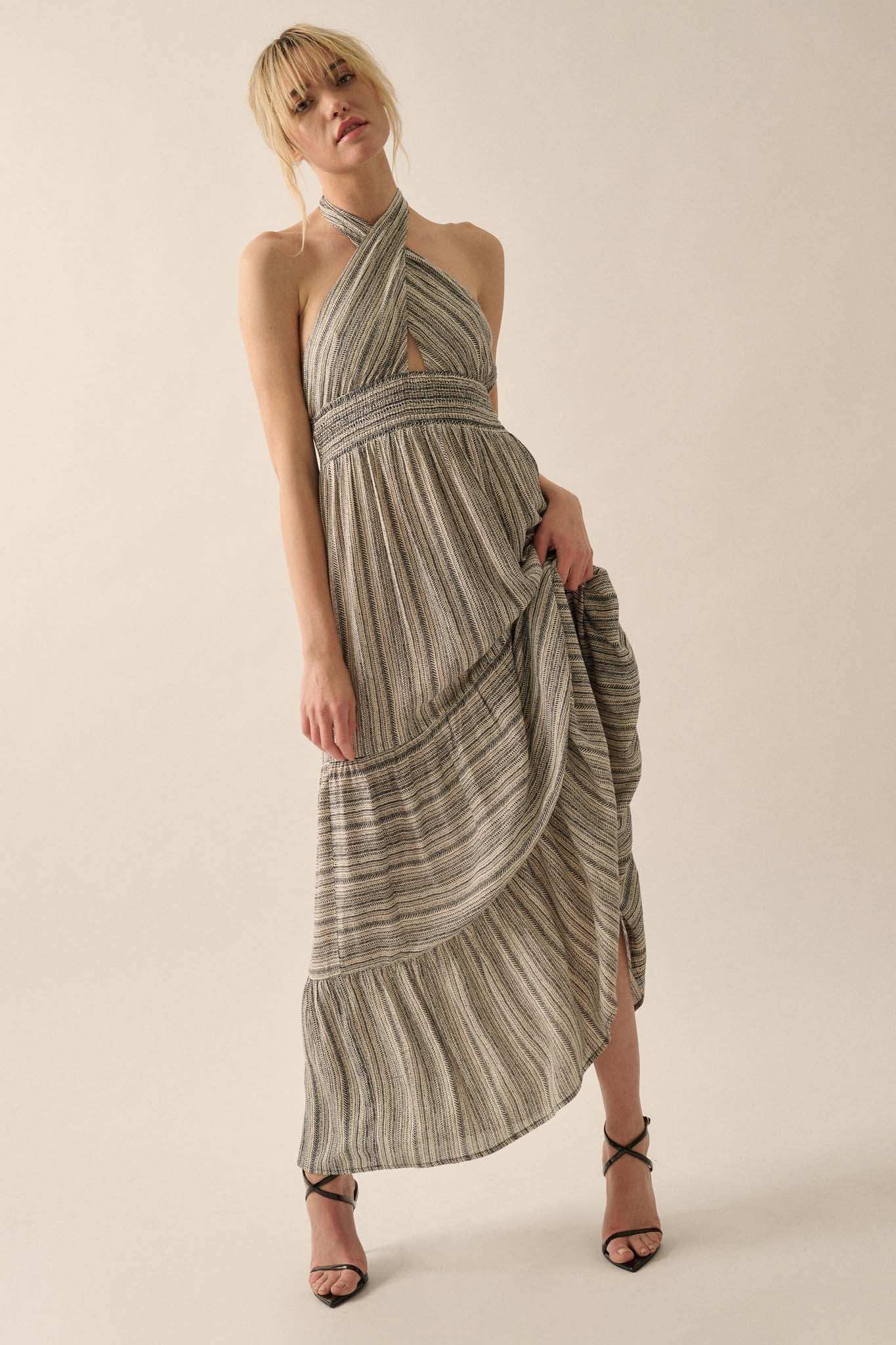 Soul Journey Striped Cross-Front Halter Maxi Dress Natural / S Soul Journey Striped Cross-Front Halter Maxi Dress Natural / S