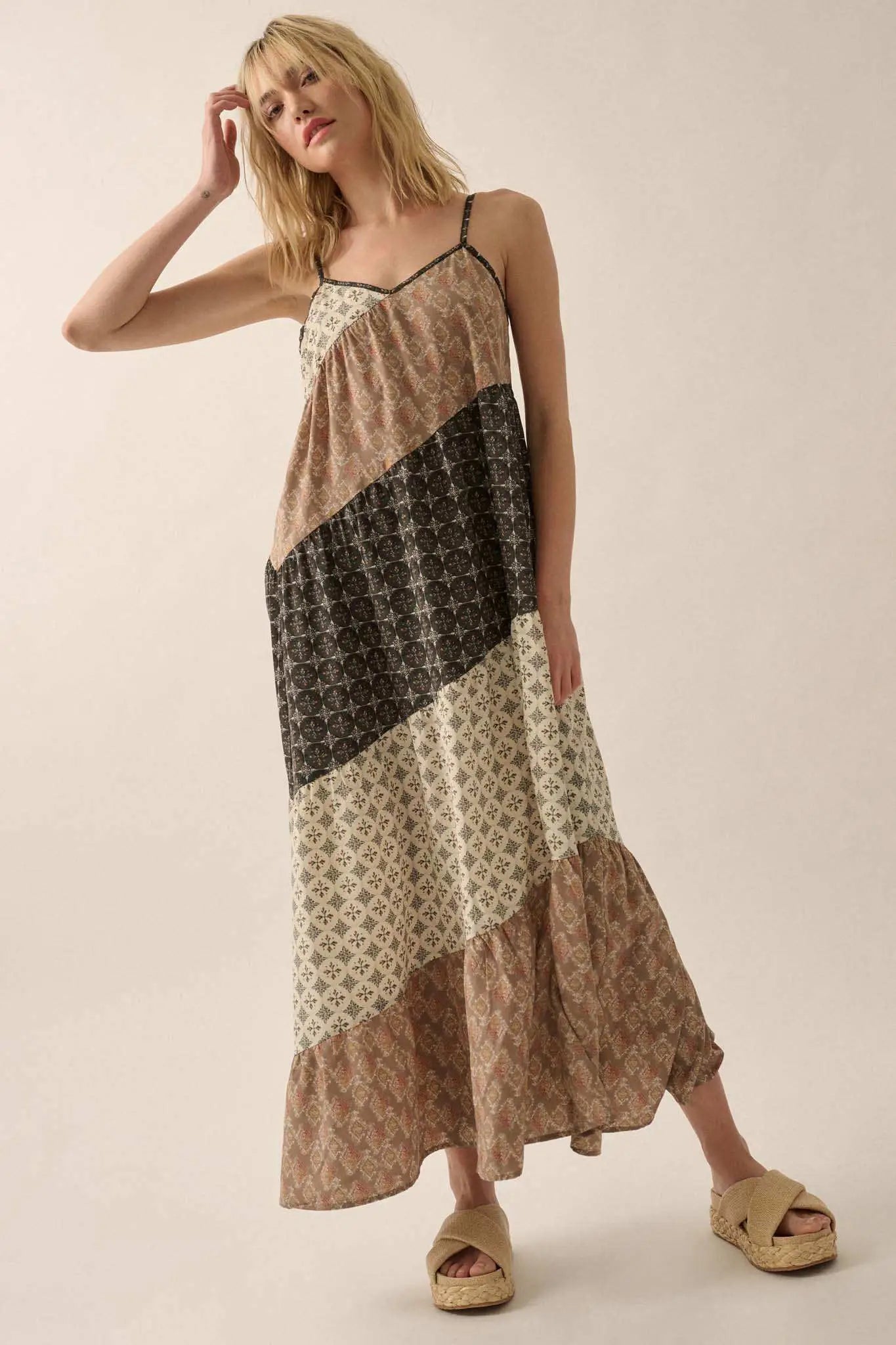block print maxi dress Eclectic Spirit Block-Print Tiered Maxi Dress Cream & Taupe & Black / M
