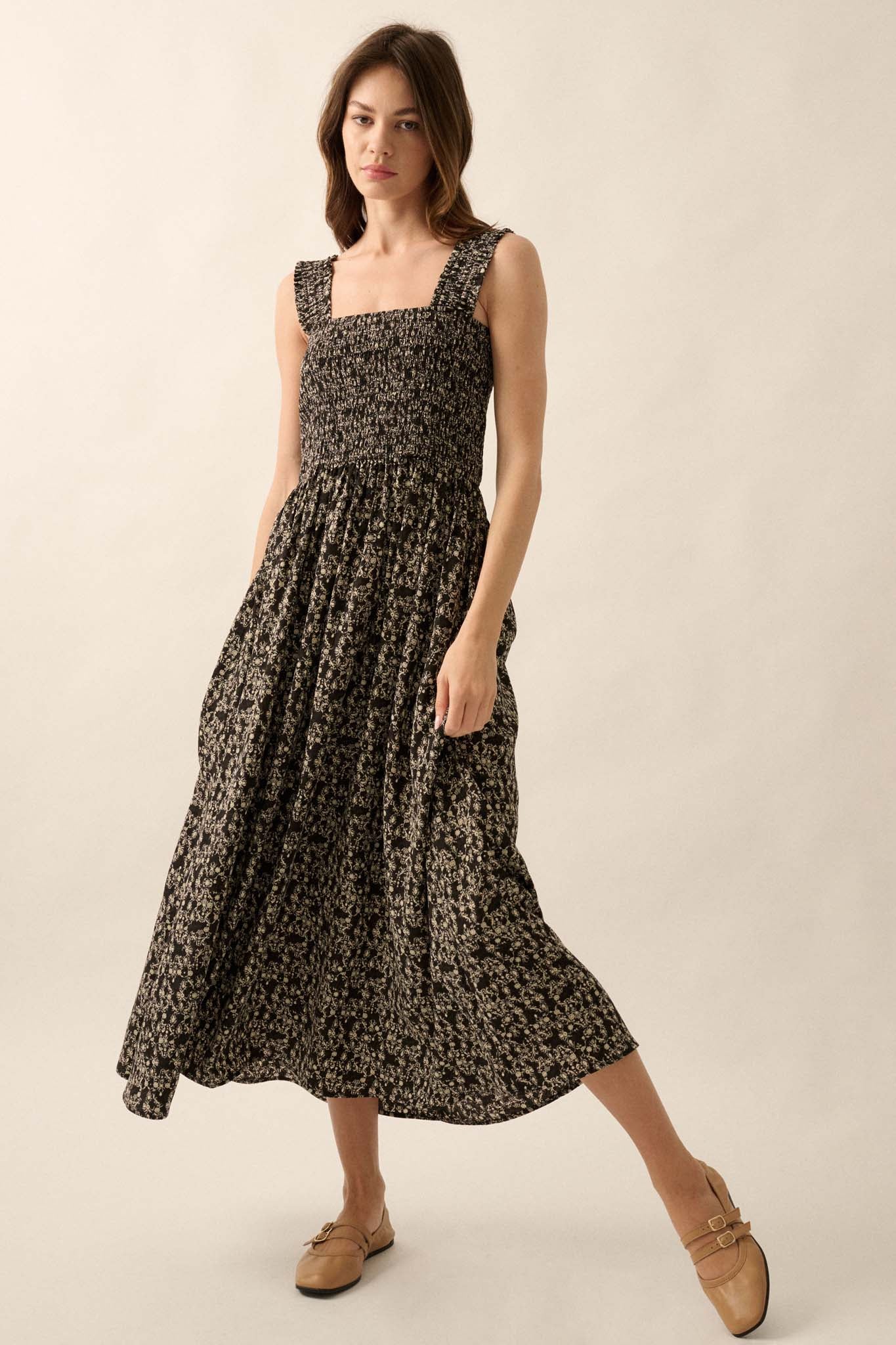 Filigree Flowers Smocked Floral Midi Dress - ShopPromesa