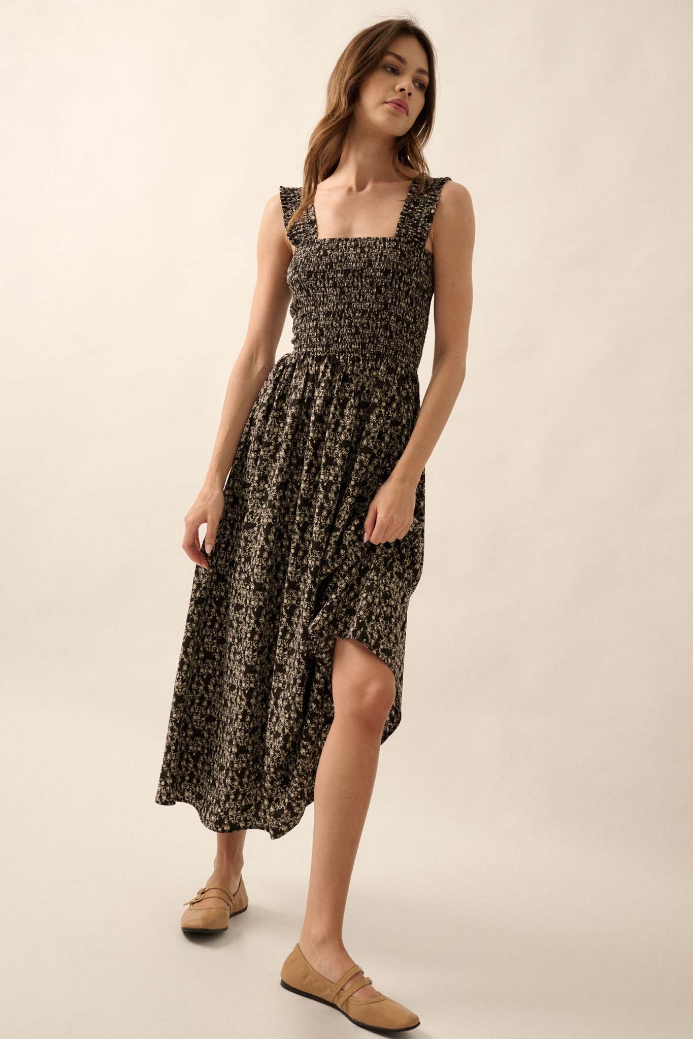 Filigree Flowers Smocked Floral Midi Dress - ShopPromesa