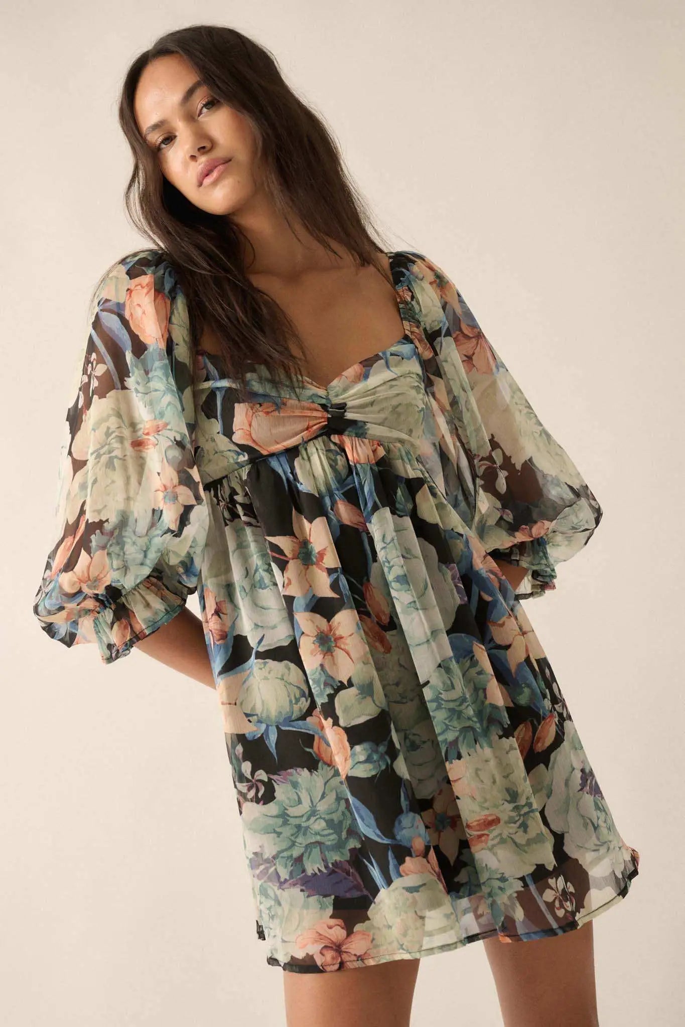 Blooming Belle Floral Chiffon Babydoll Mini Dress Midnight / S Blooming Belle Floral Chiffon Babydoll Mini Dress Midnight / S