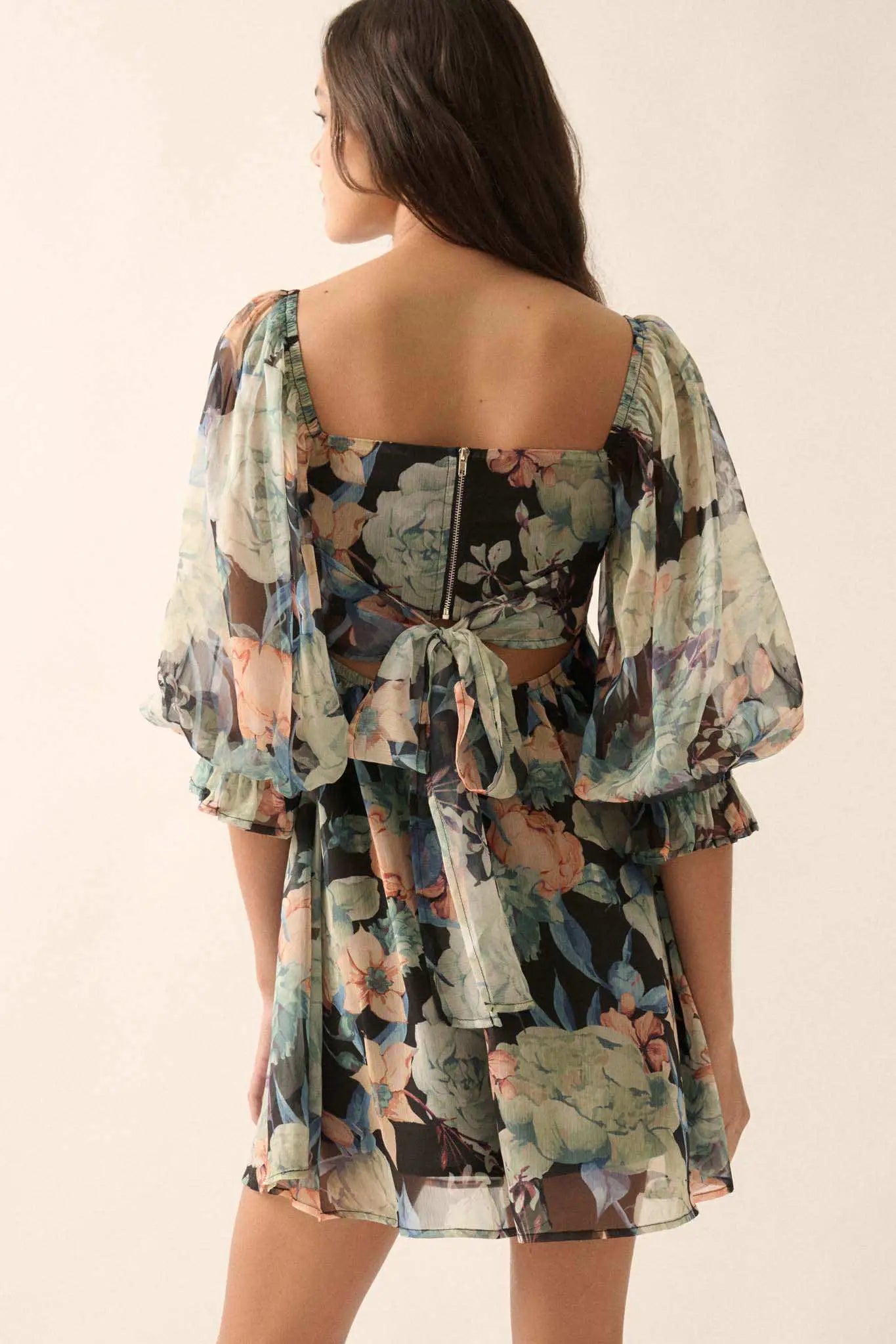Blooming Belle Floral Chiffon Babydoll Mini Dress Midnight / S