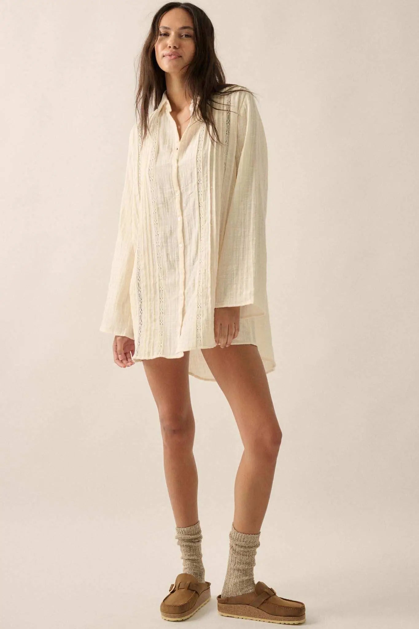 Free to Be Pleated Lace-Trim Mini Shirt Dress Sand / L Free to Be Pleated Lace-Trim Mini Shirt Dress Sand / L