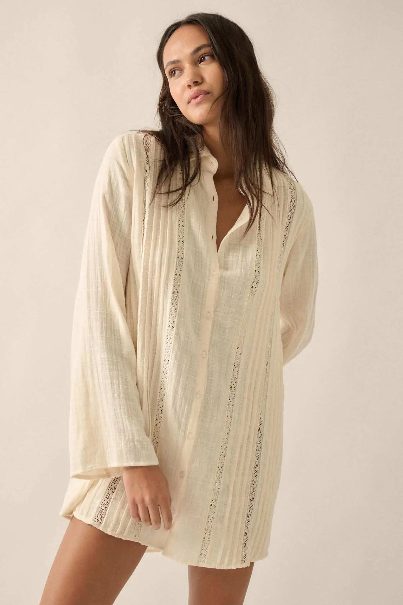 Free to Be Pleated Lace-Trim Mini Shirt Dress, Cream / S Free to Be Pleated Lace-Trim Mini Shirt Dress, Cream / S