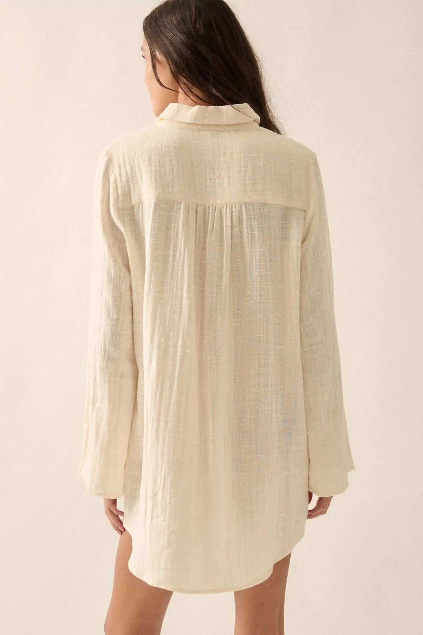 Free to Be Pleated Lace-Trim Mini Shirt Dress Sand / L Free to Be Pleated Lace-Trim Mini Shirt Dress Sand / L