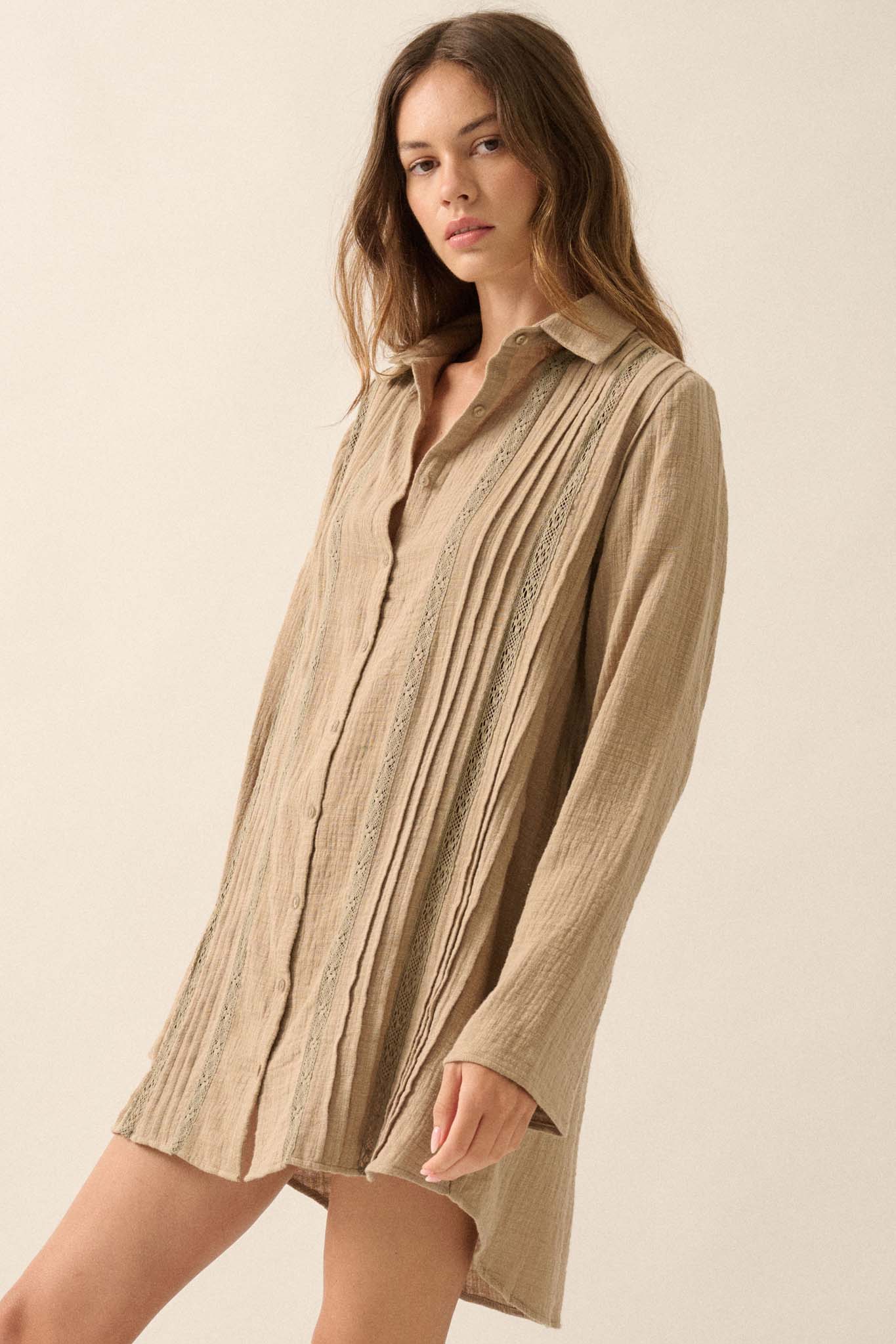 Free to Be Pleated Lace-Trim Mini Shirt Dress - ShopPromesa