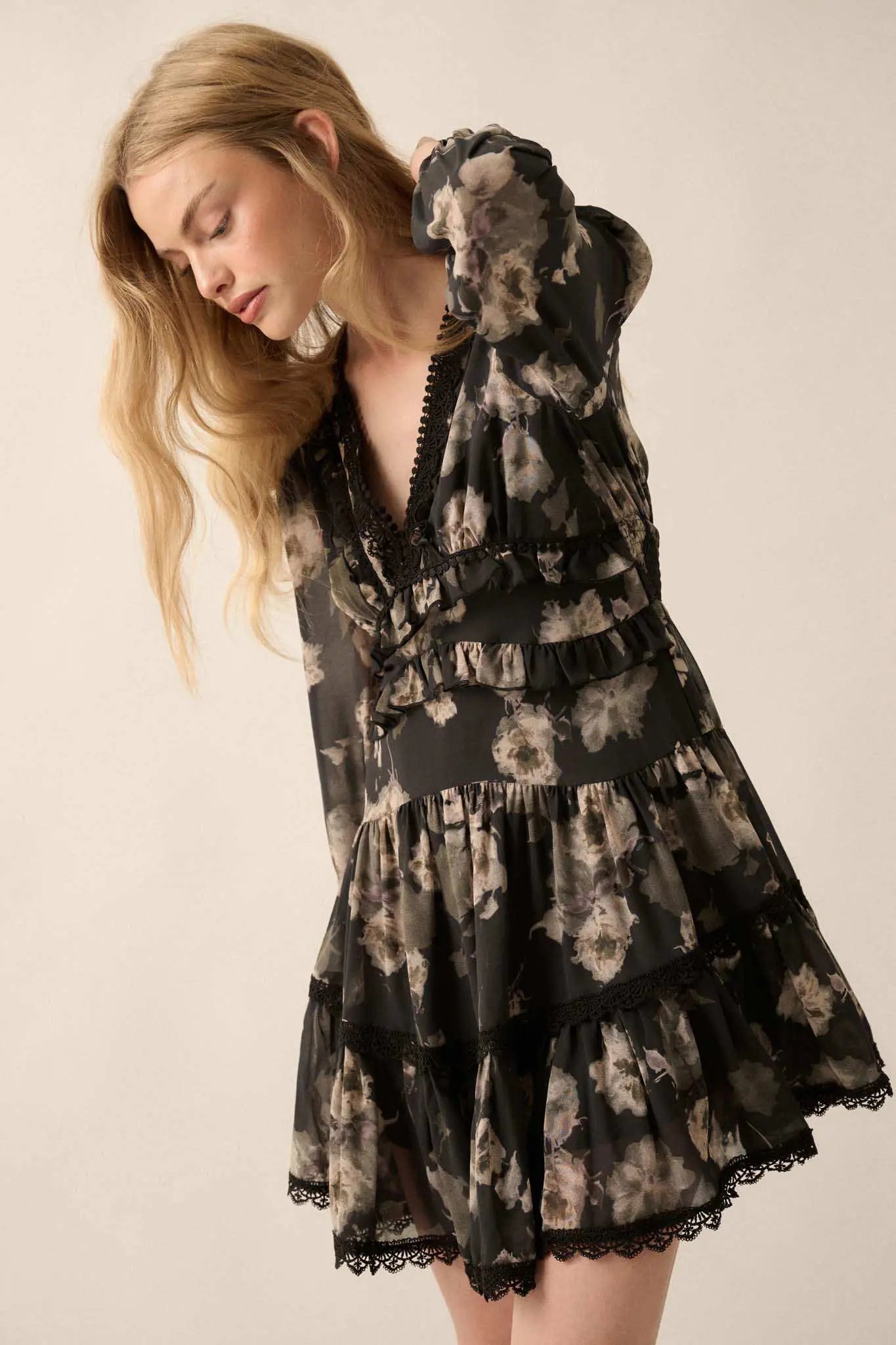 floral ruffle trim mini dress Floral Ruffled Lace Trim Mini Dress