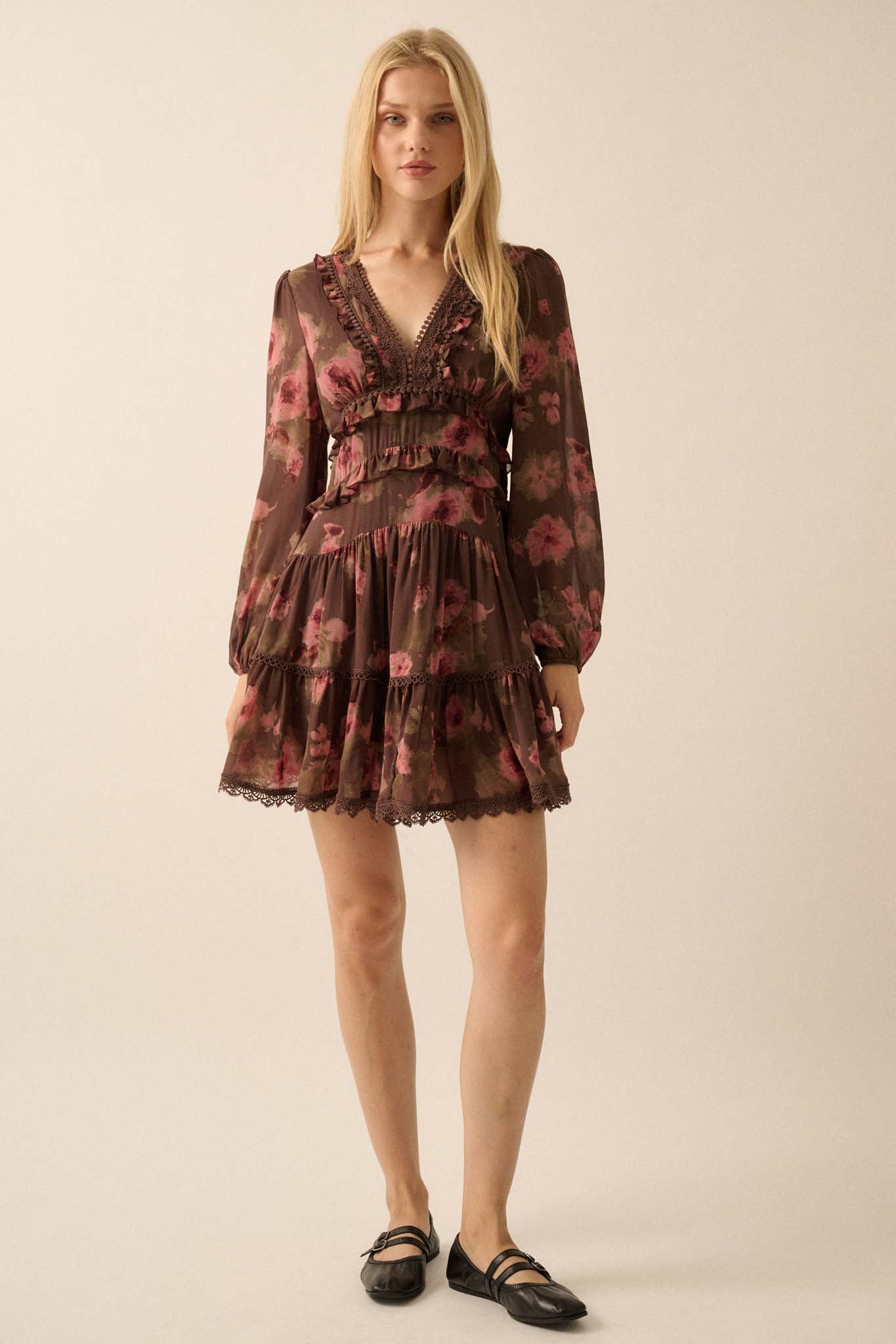 Rambling Rose Floral Ruffled Lace-Trim Mini Dress - ShopPromesa