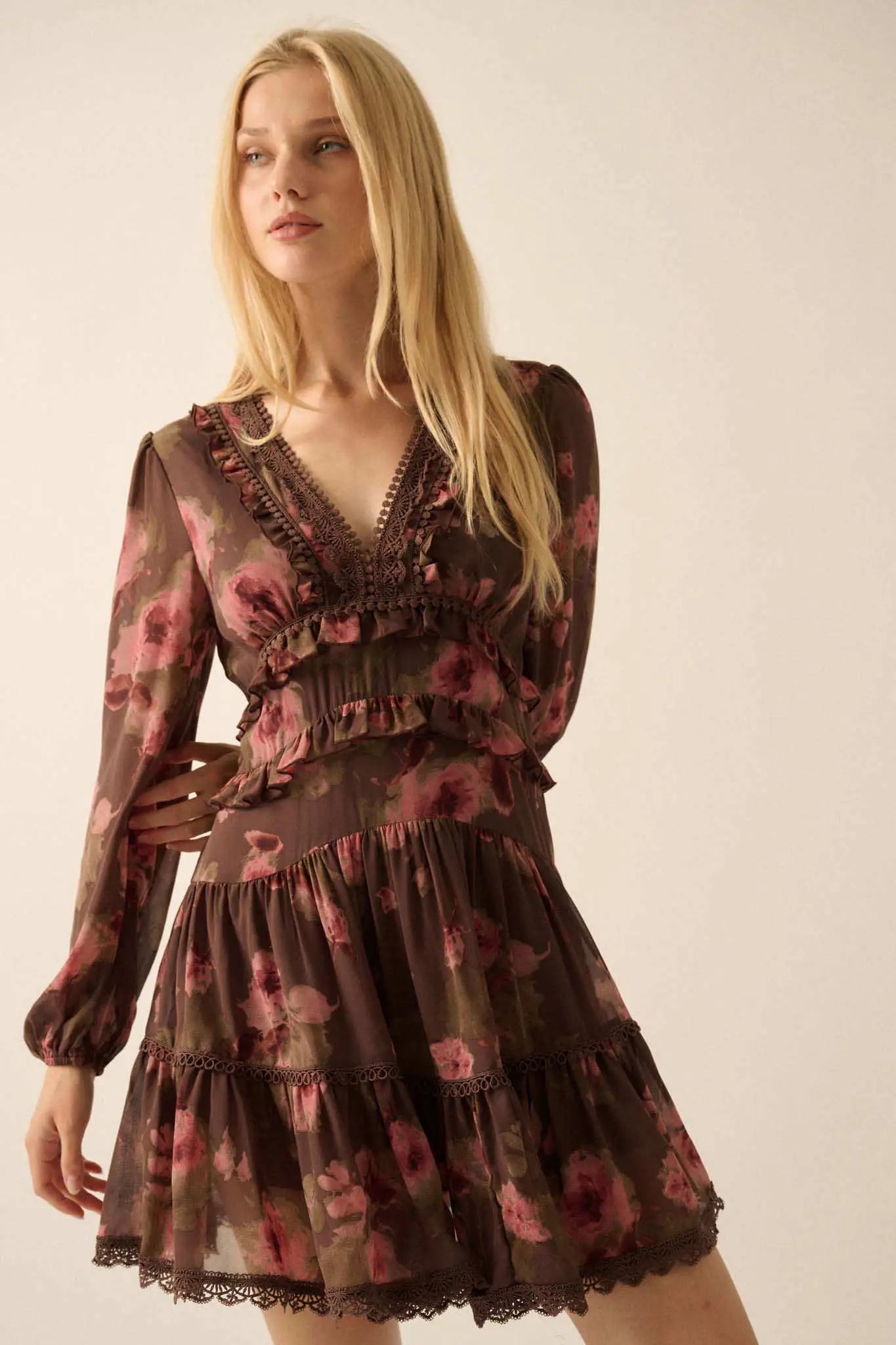 floral ruffle trim mini dress Corina Ruffle Floral Mini Dress Shop American Threads Boutique Blue Floral / XS