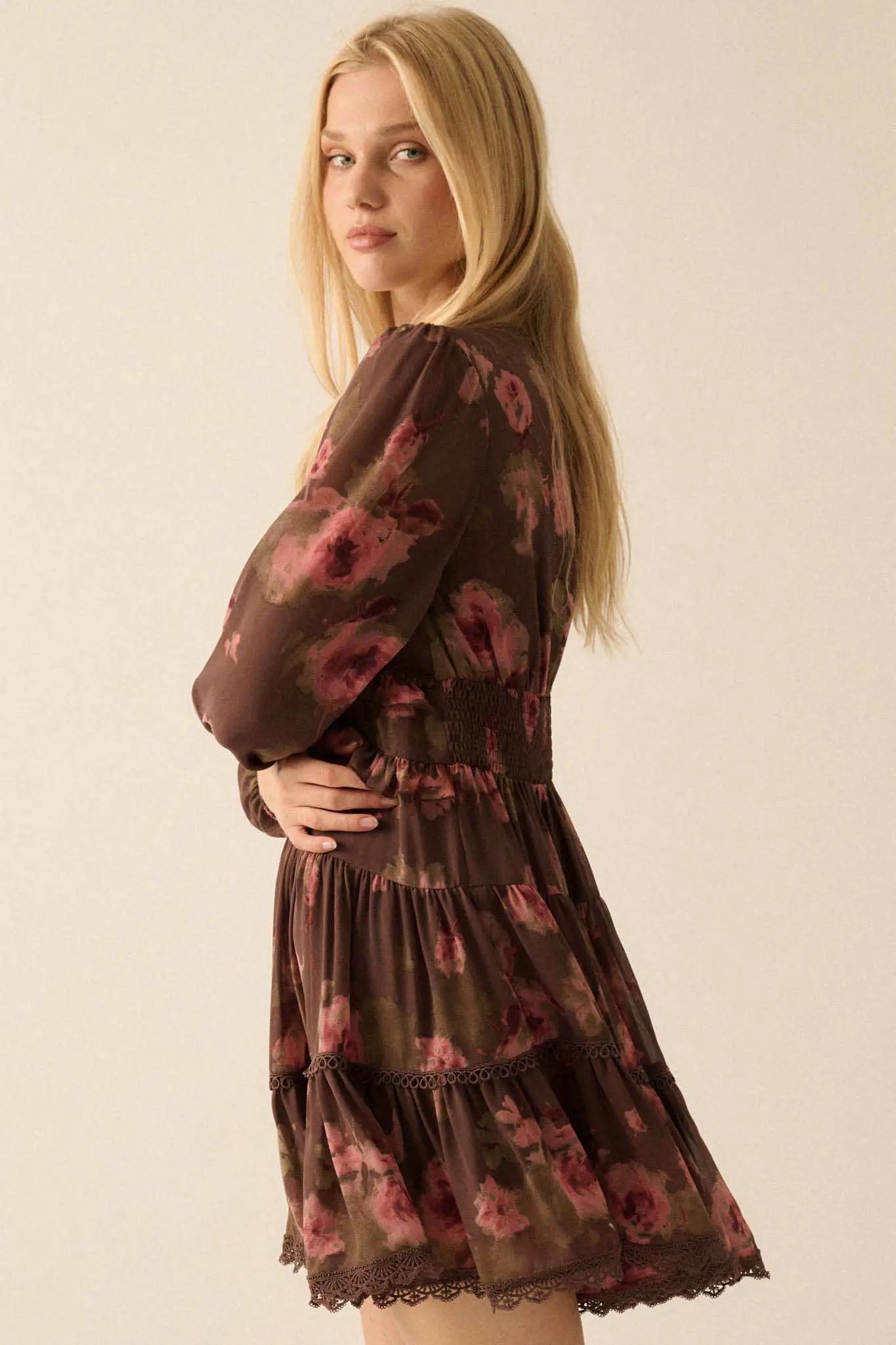 Rambling Rose Floral Ruffled Lace-Trim Mini Dress, Chocolate / M