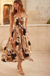 Tawny Blossoms Floral Smocked Midi Dress - ShopPromesa
